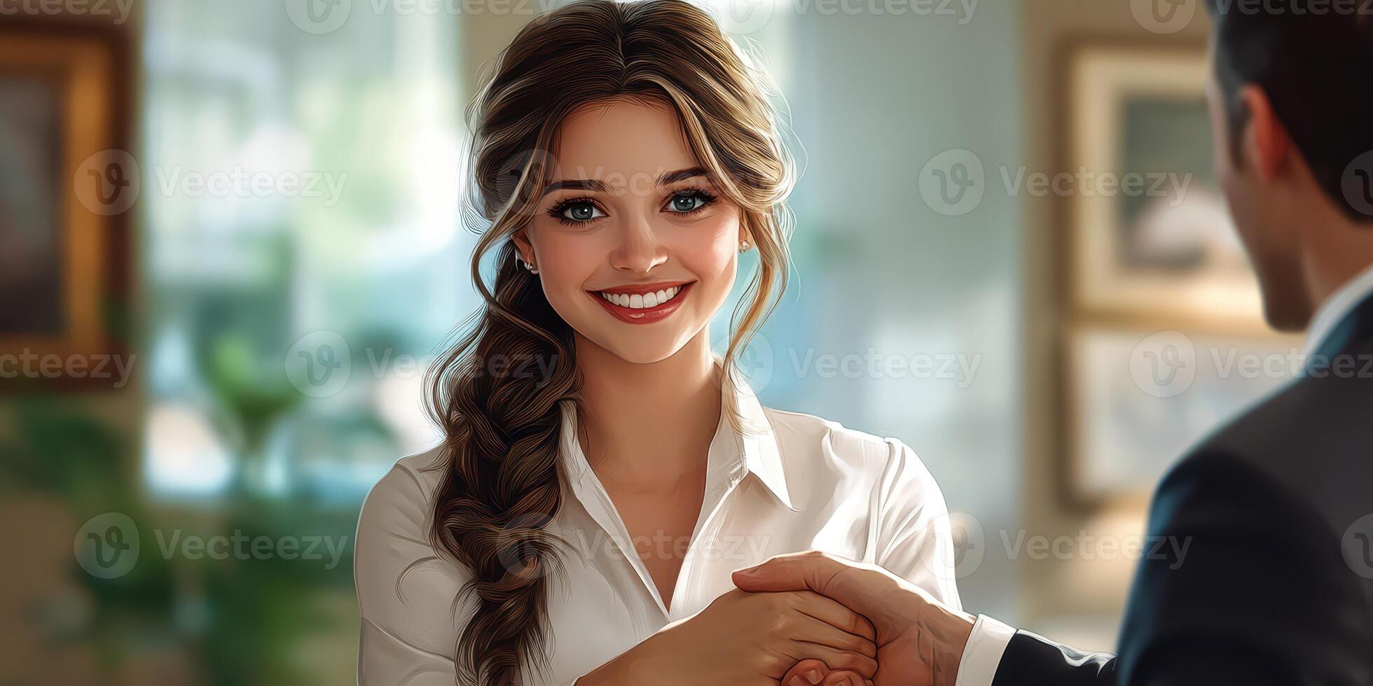 Smiling woman shakes hands with a man in a well-lit office during a professional meeting about business opportunities photo