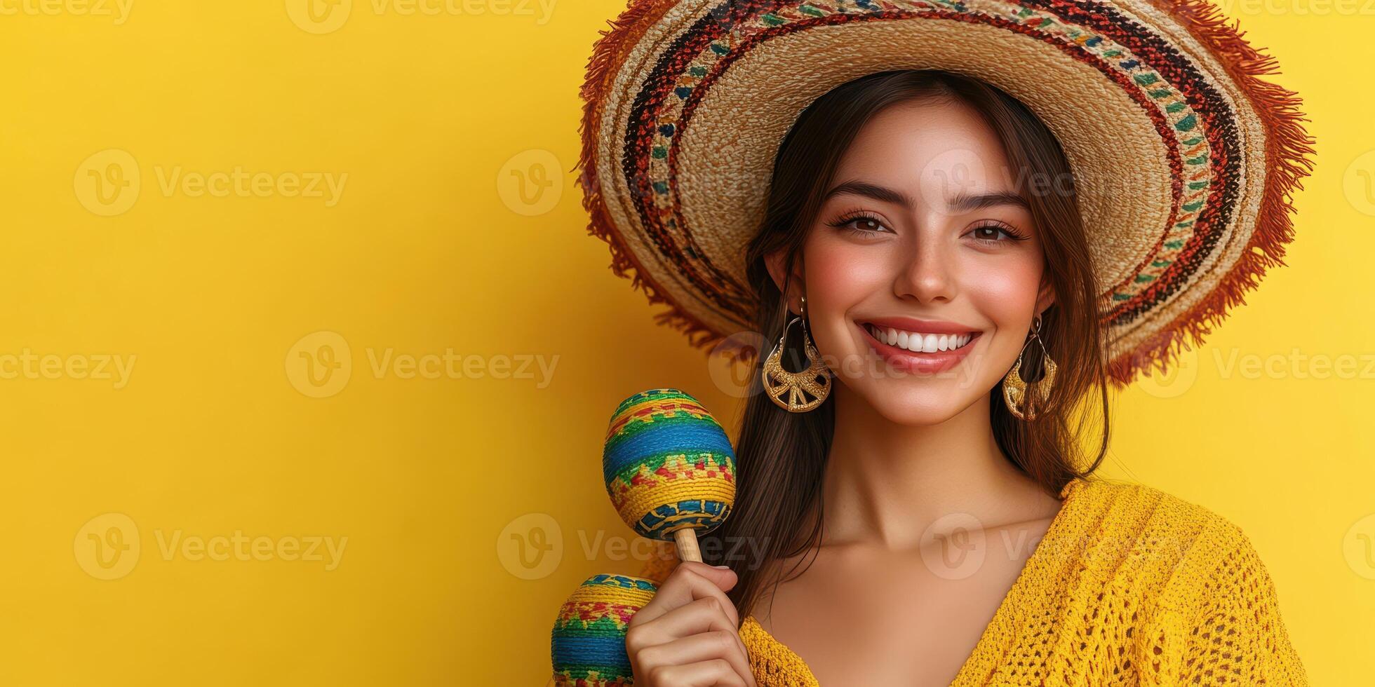 Smiling woman wearing a sombrero holds maracas against a vibrant yellow background during a festive celebration photo