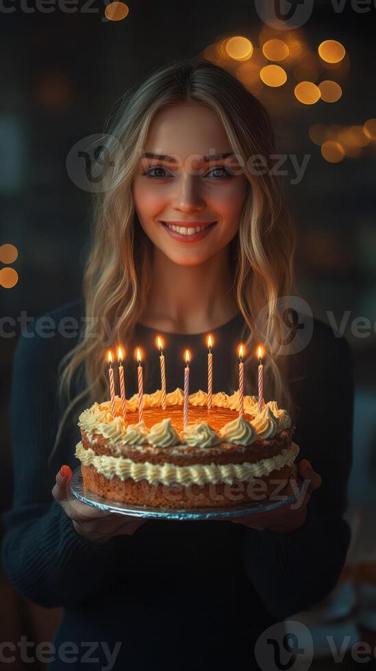 Birthday celebration with a smiling woman holding a candle-lit cake in a cozy indoor setting during the evening photo