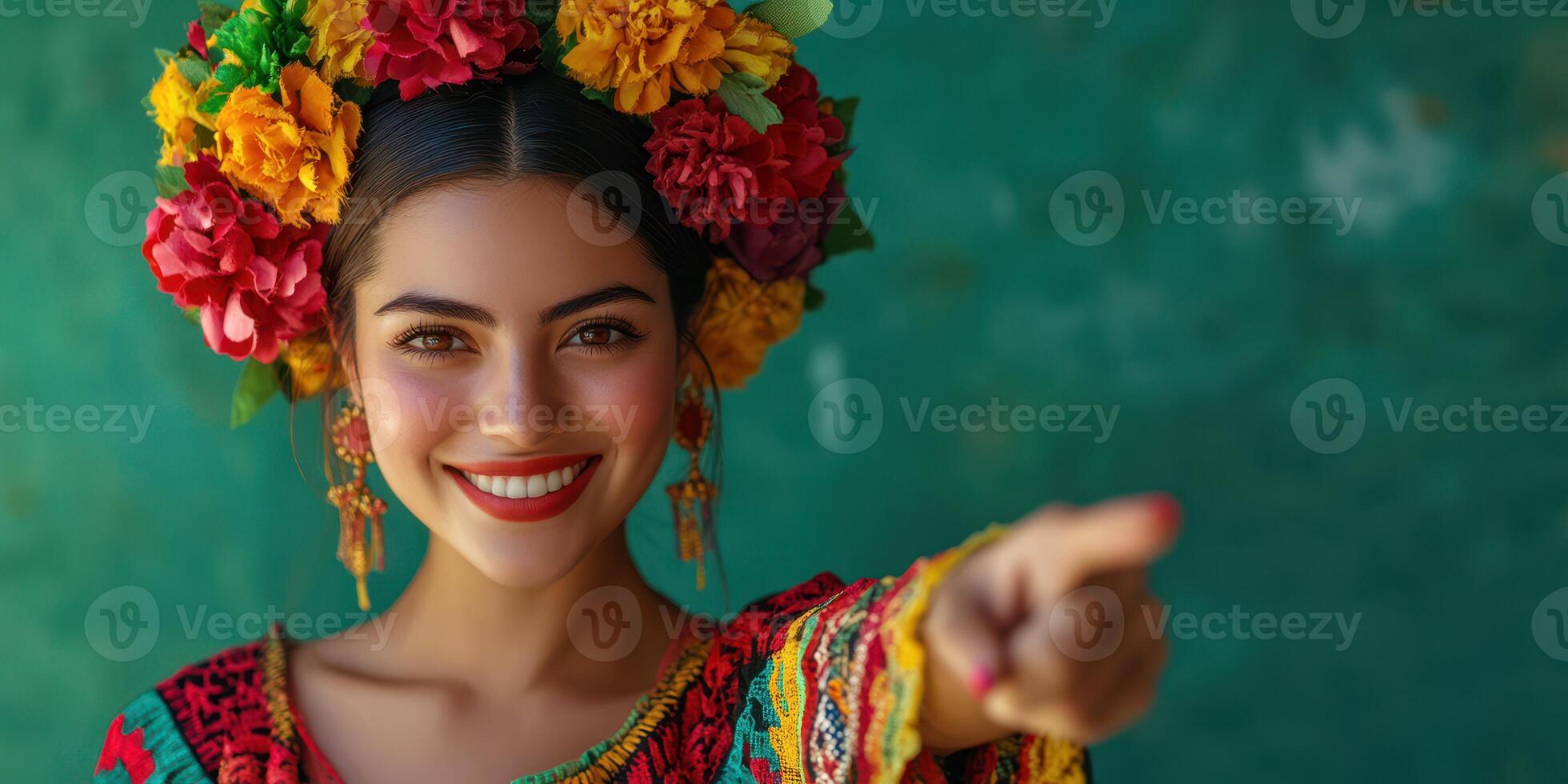 Brightly dressed woman with flowers in hair playfully poses and points while showcasing cultural attire in a vibrant outdoor setting photo