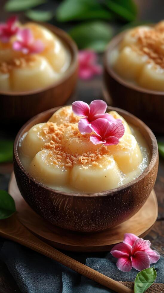 Delightful coconut dessert served in wooden bowls with flowers and coconut flakes on top at a tropical setting photo