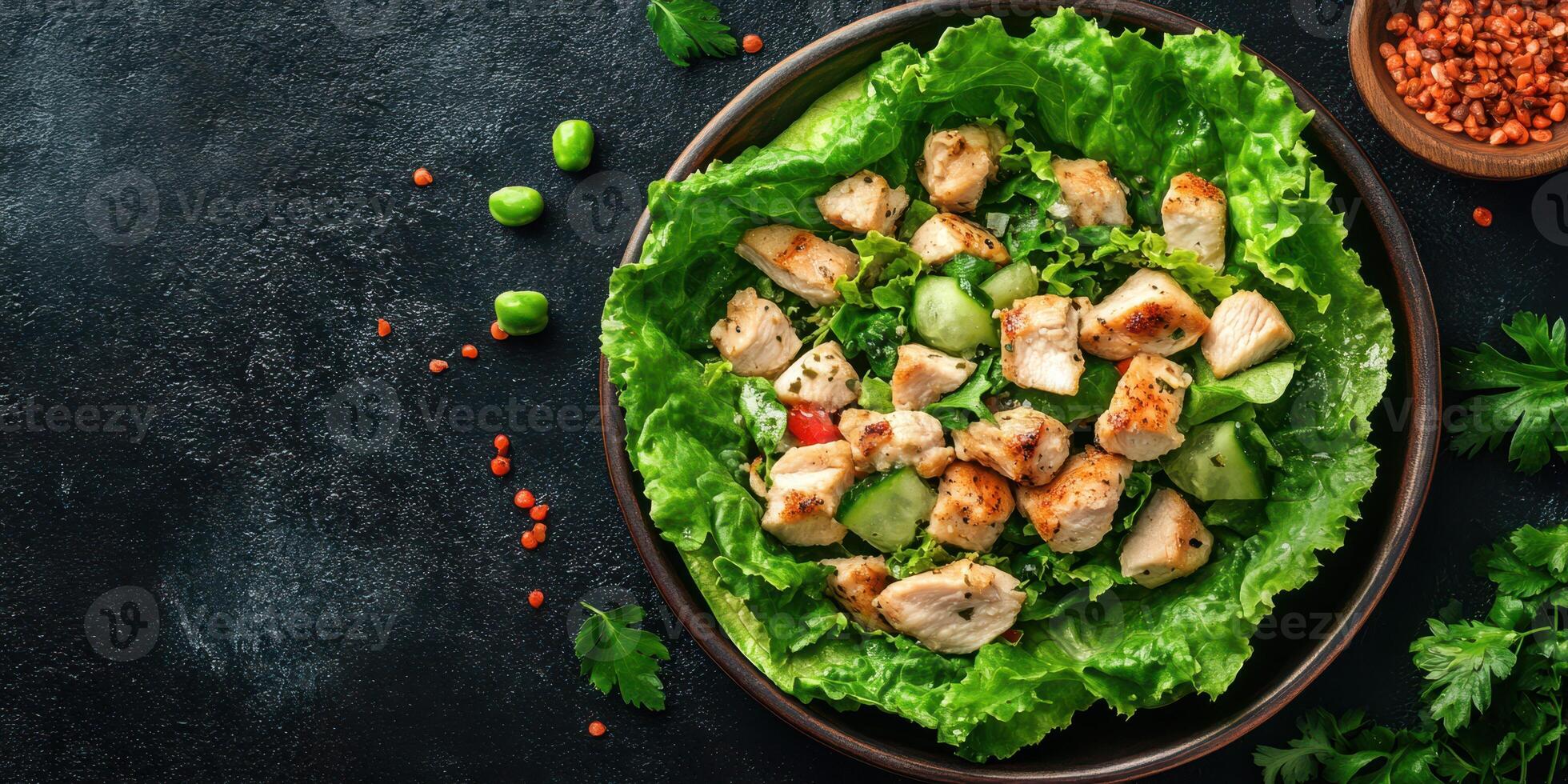 Fresh grilled chicken salad with vibrant greens and colorful vegetables on a rustic table photo