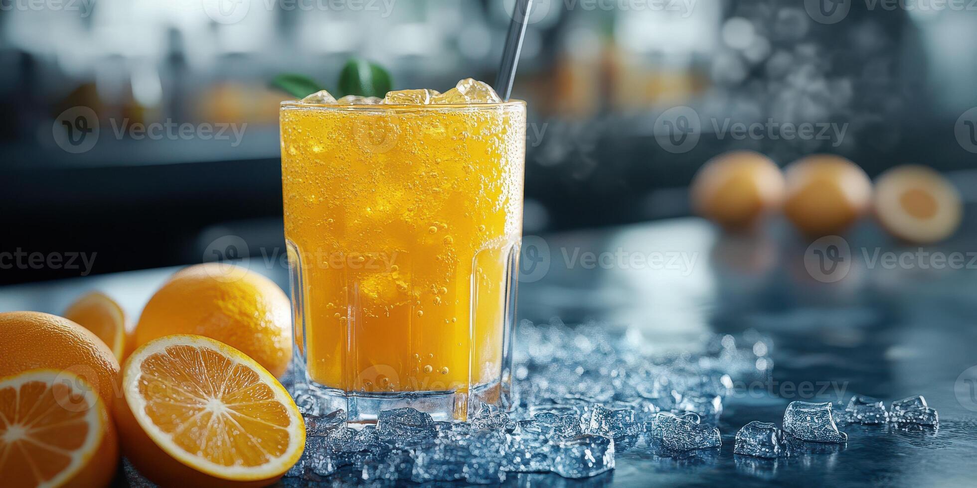 Refreshing citrus drink with ice and fresh oranges on a bar counter in a vibrant setting photo