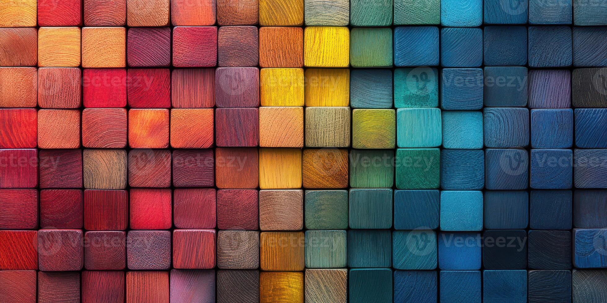 Colorful arrangement of wooden blocks forms a vibrant mosaic pattern displaying various hues and shades photo