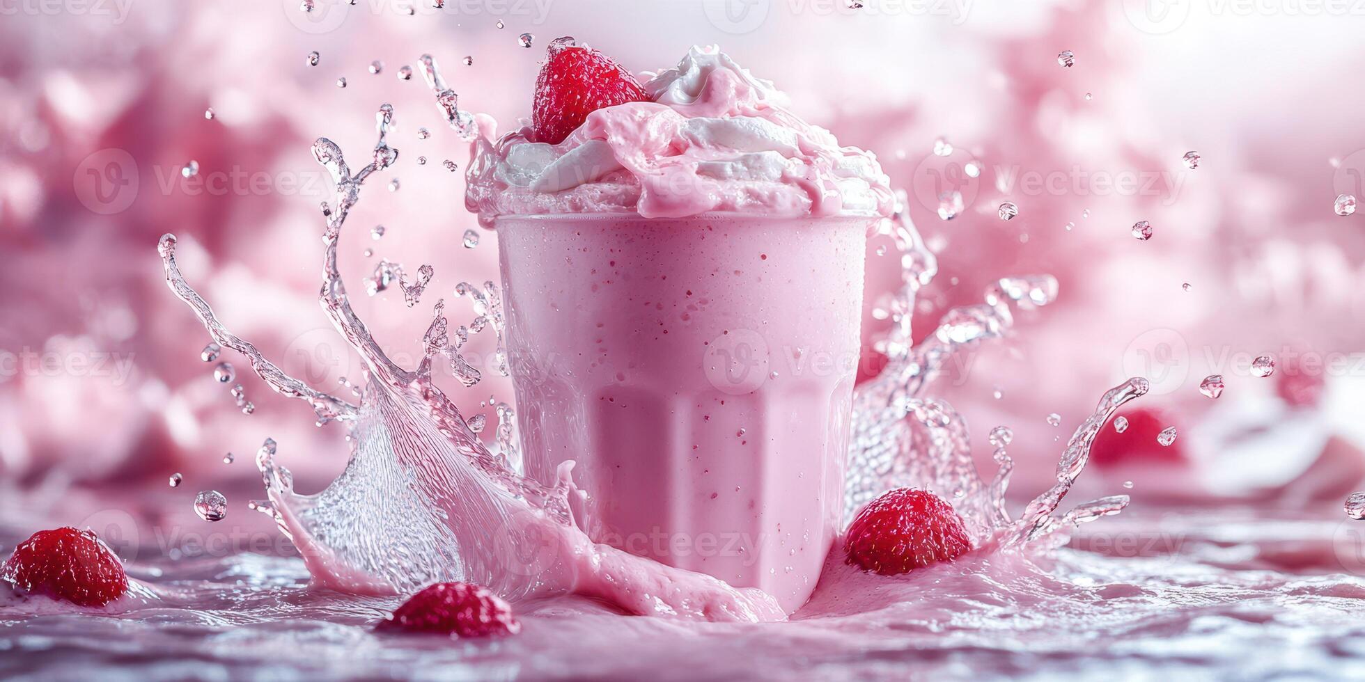Refreshing raspberry smoothie splashes in bright pink setting with whipped cream topping and fresh berries photo