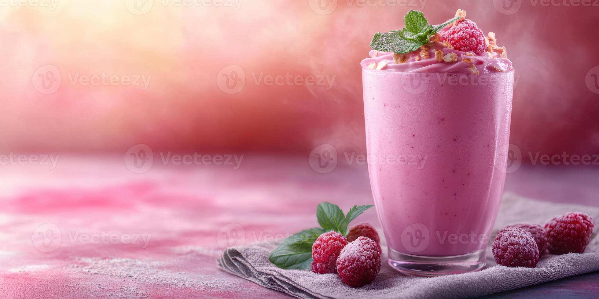 Refreshing raspberry smoothie served in a glass with mint garnish in a cozy setting photo