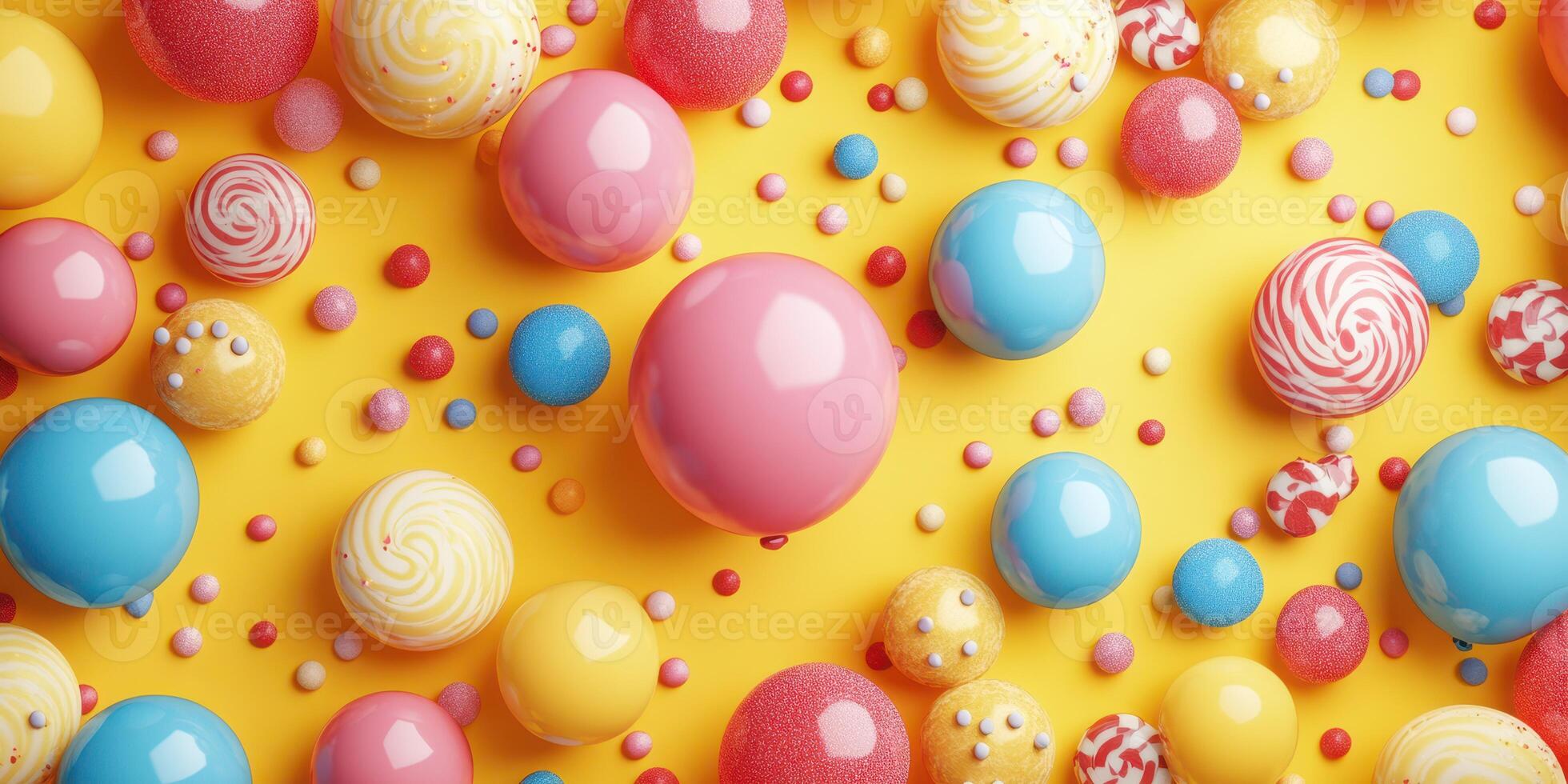 Colorful candies and sweets scattered on a vibrant yellow background creating a delightful dessert display photo
