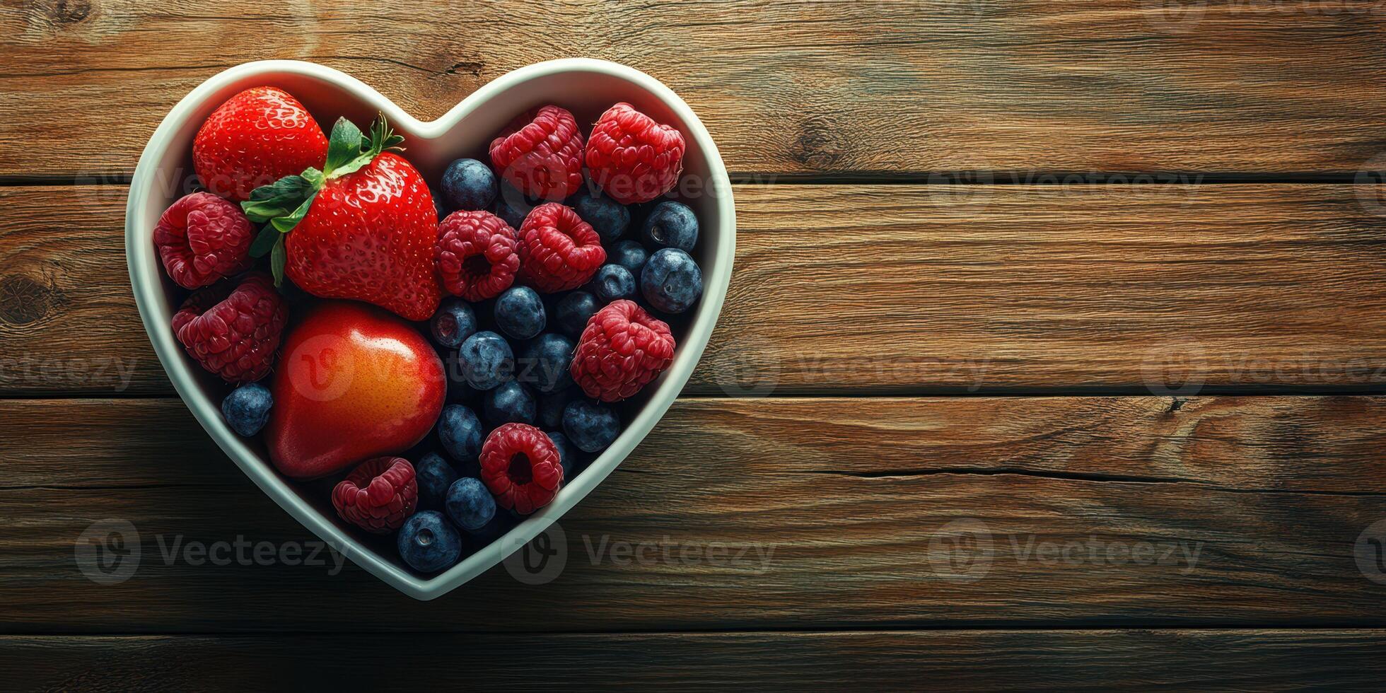 Fresh berries and fruits arranged in a heart-shaped bowl on a rustic wooden table photo