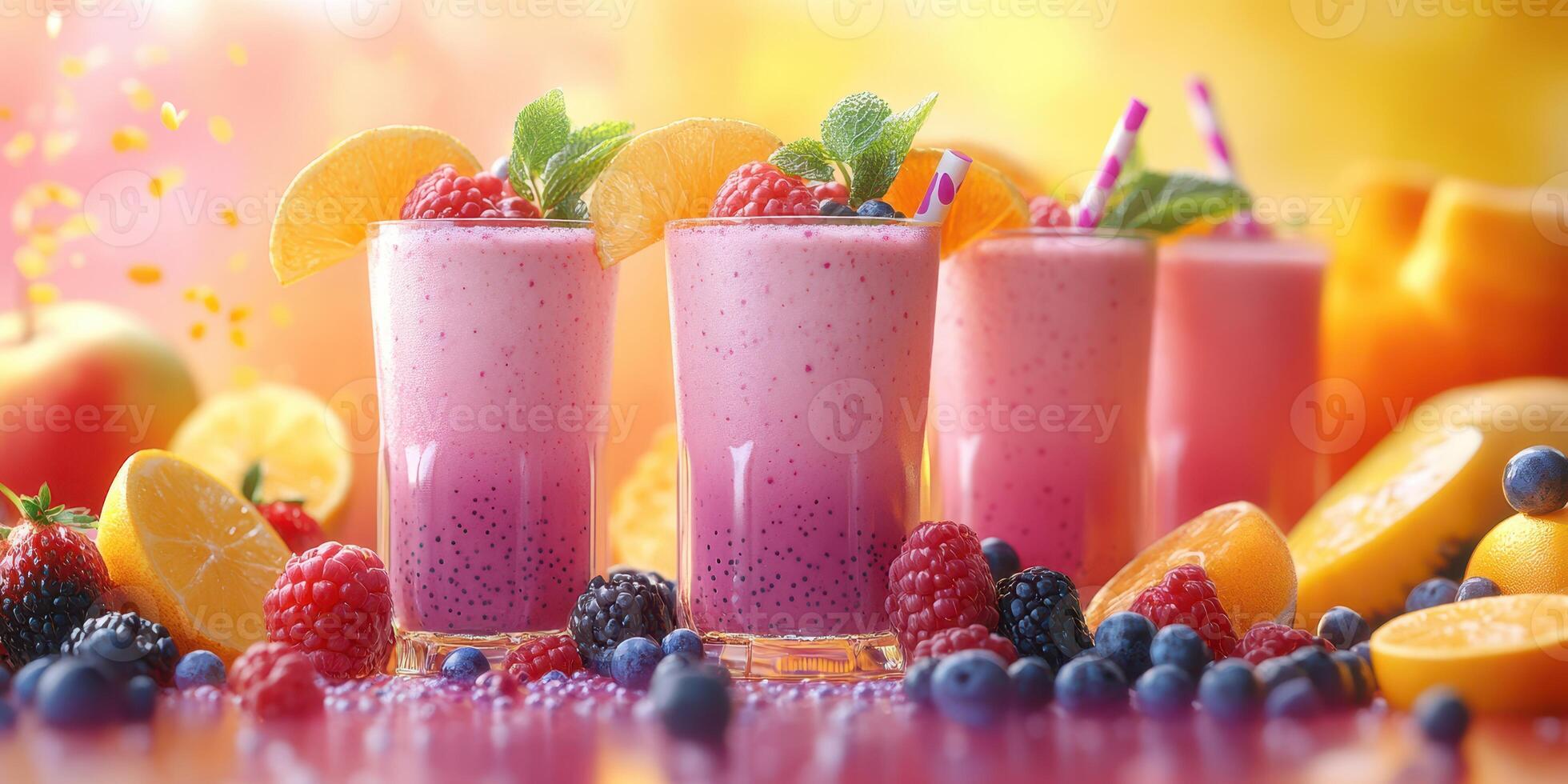 Refreshing fruit smoothies made with berries and citrus in a vibrant summer setting photo