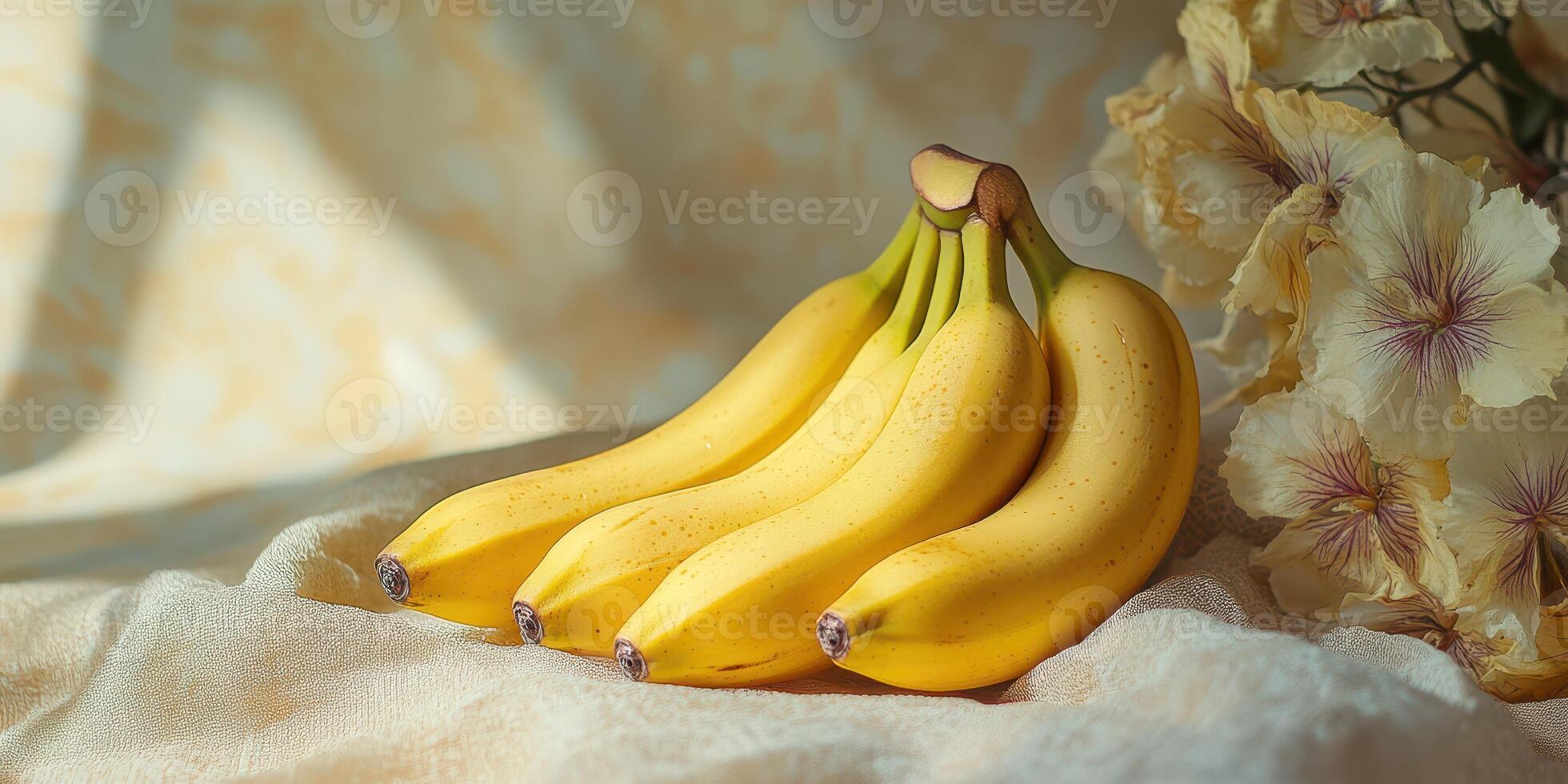 Fresh bananas arranged elegantly alongside delicate flowers on a soft fabric surface in warm light photo