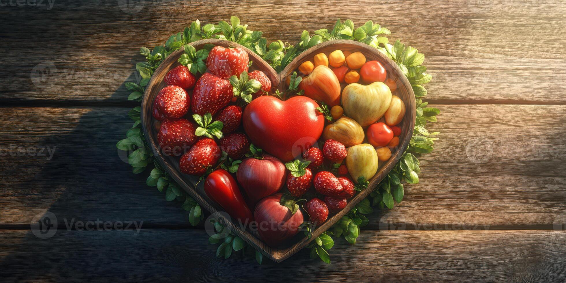 Fresh fruit arranged in a heart shape on a rustic wooden surface at a summer gathering photo