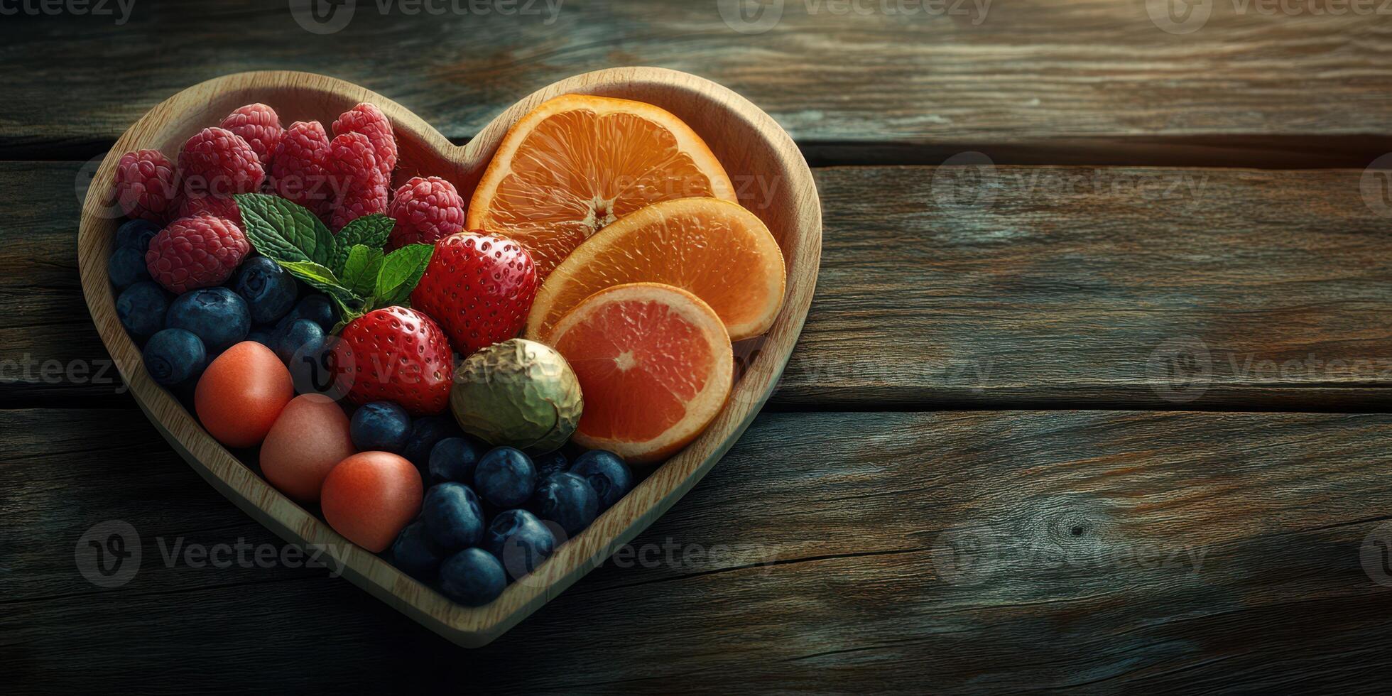 Colorful fruit arrangement in heart-shaped bowl on rustic wooden table for healthy snack and decorative inspiration photo