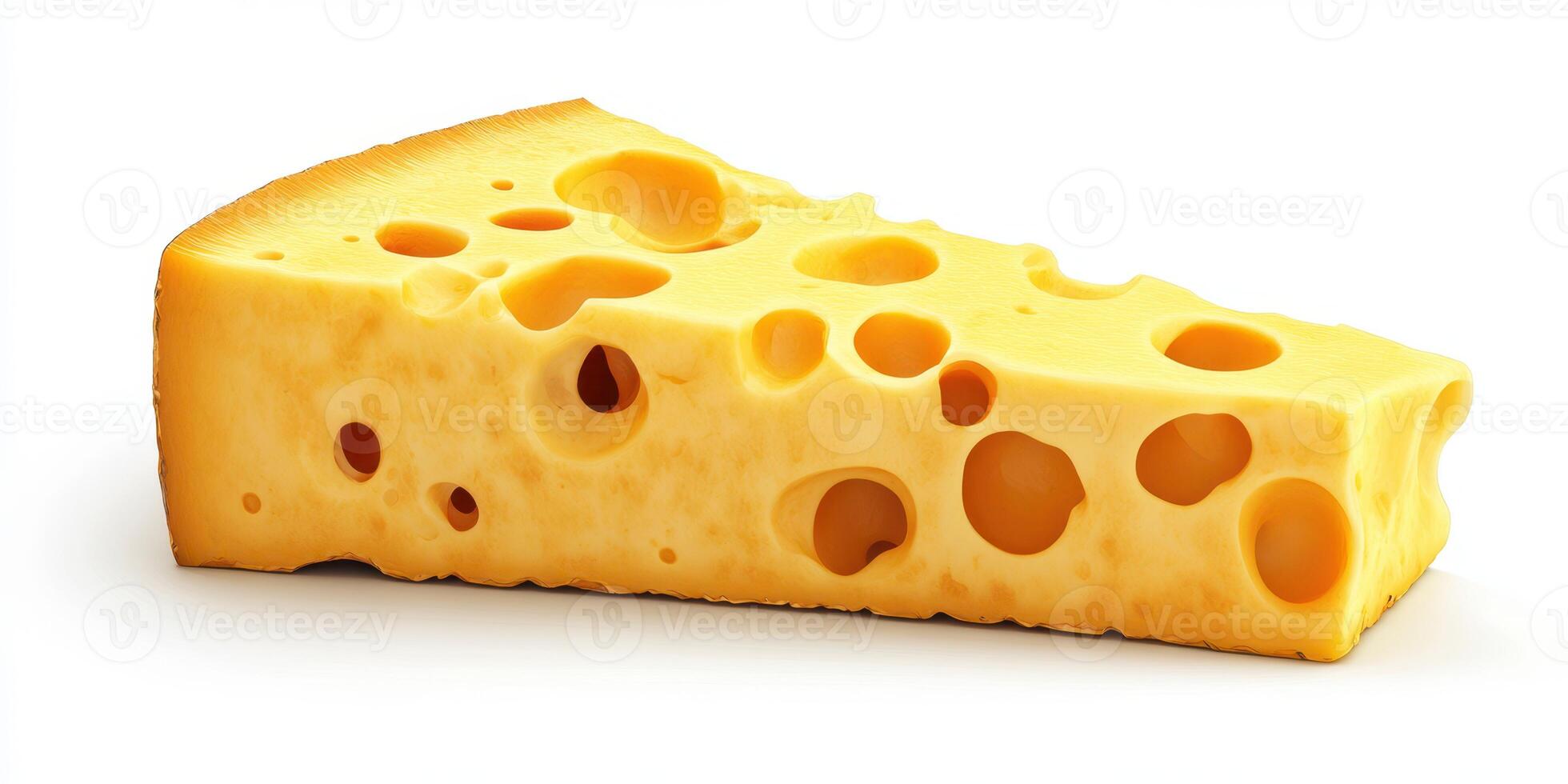 Slice of cheese with holes on a white background showcasing its texture and color variations photo