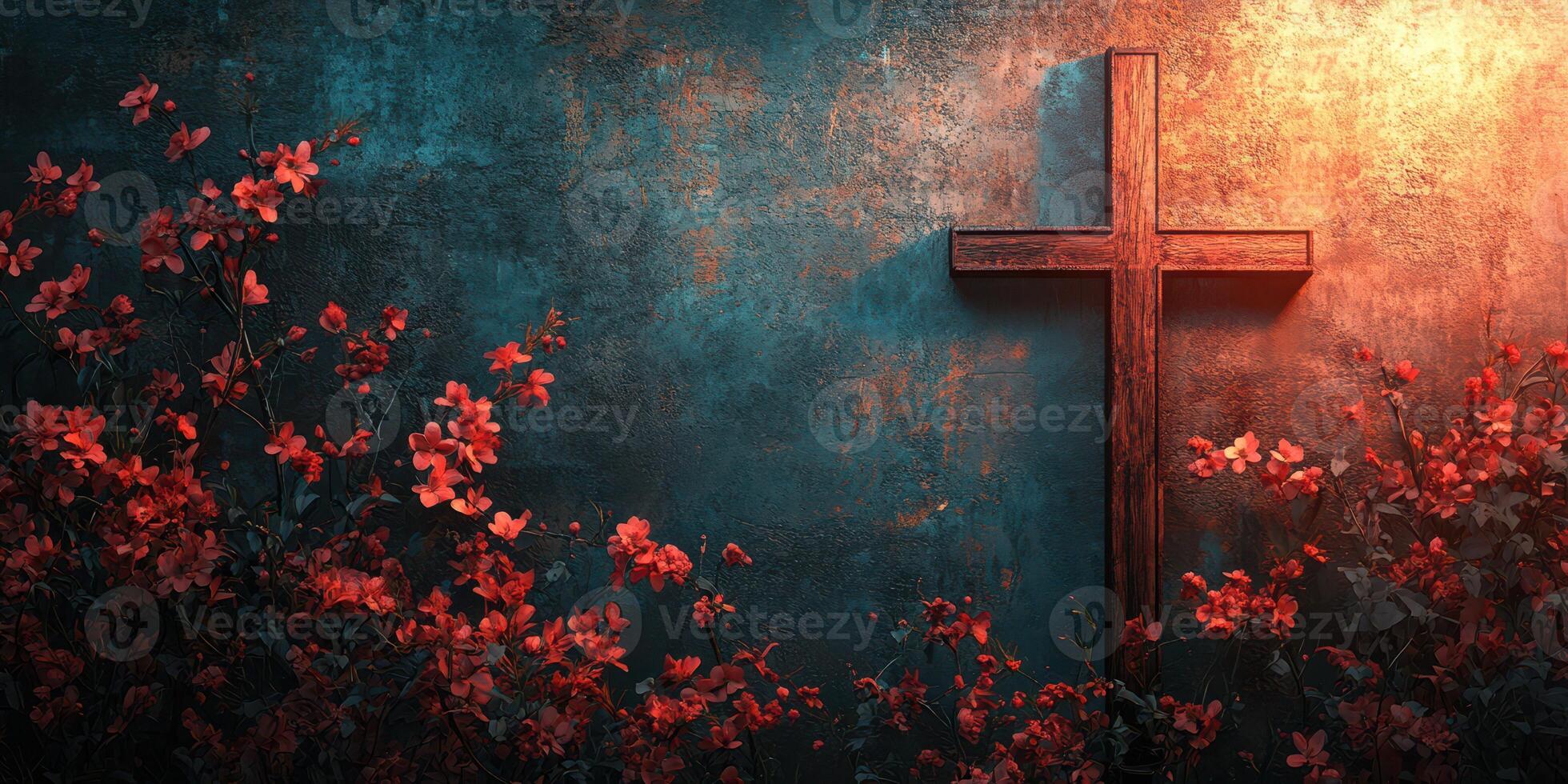 Wooden cross surrounded by vibrant flowers on textured background during soft evening light photo