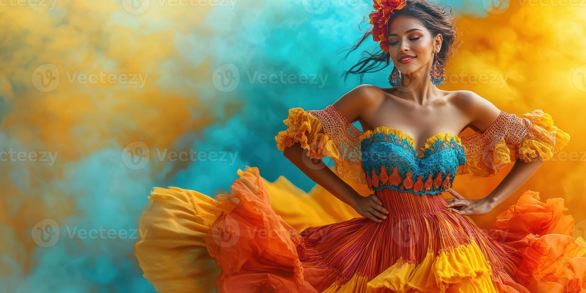 Vibrant dancer in colorful dress showcases traditional culture during outdoor festival celebration photo