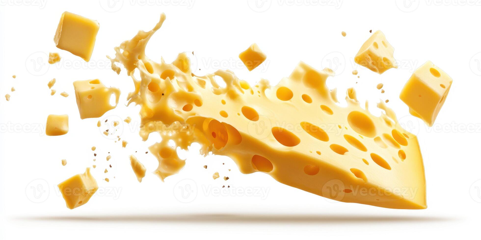 Cheese pieces in mid-air showcasing a dynamic and playful culinary moment photo