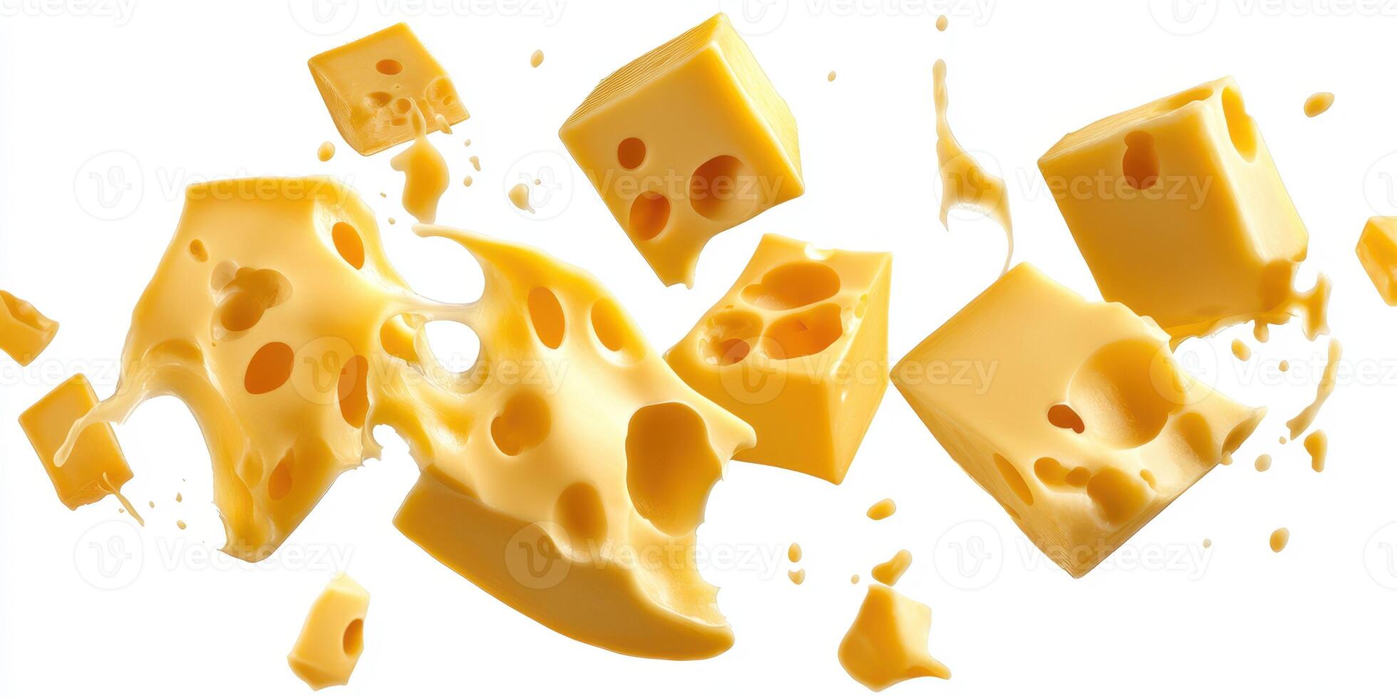 Slices of cheese in mid-air creating a playful and appetizing display with melted edges and holes photo