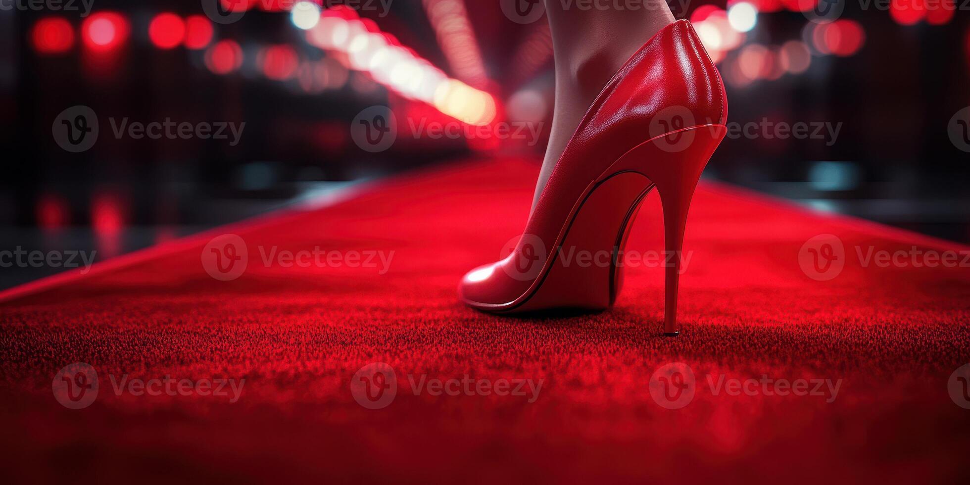 Elegant red high heel on plush carpet in a strikingly lit corridor, highlighting glamour and fashion in a contemporary setting photo