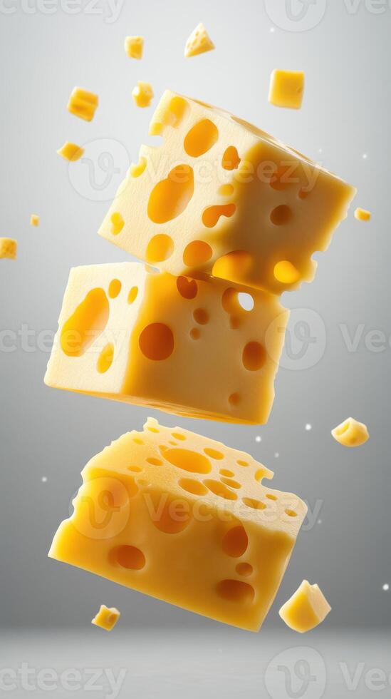 Three chunks of cheese floating in the air against a minimalist background with scattered cheese pieces photo