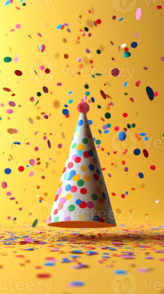 Colorful confetti and party hat create a festive atmosphere for celebrations and events photo