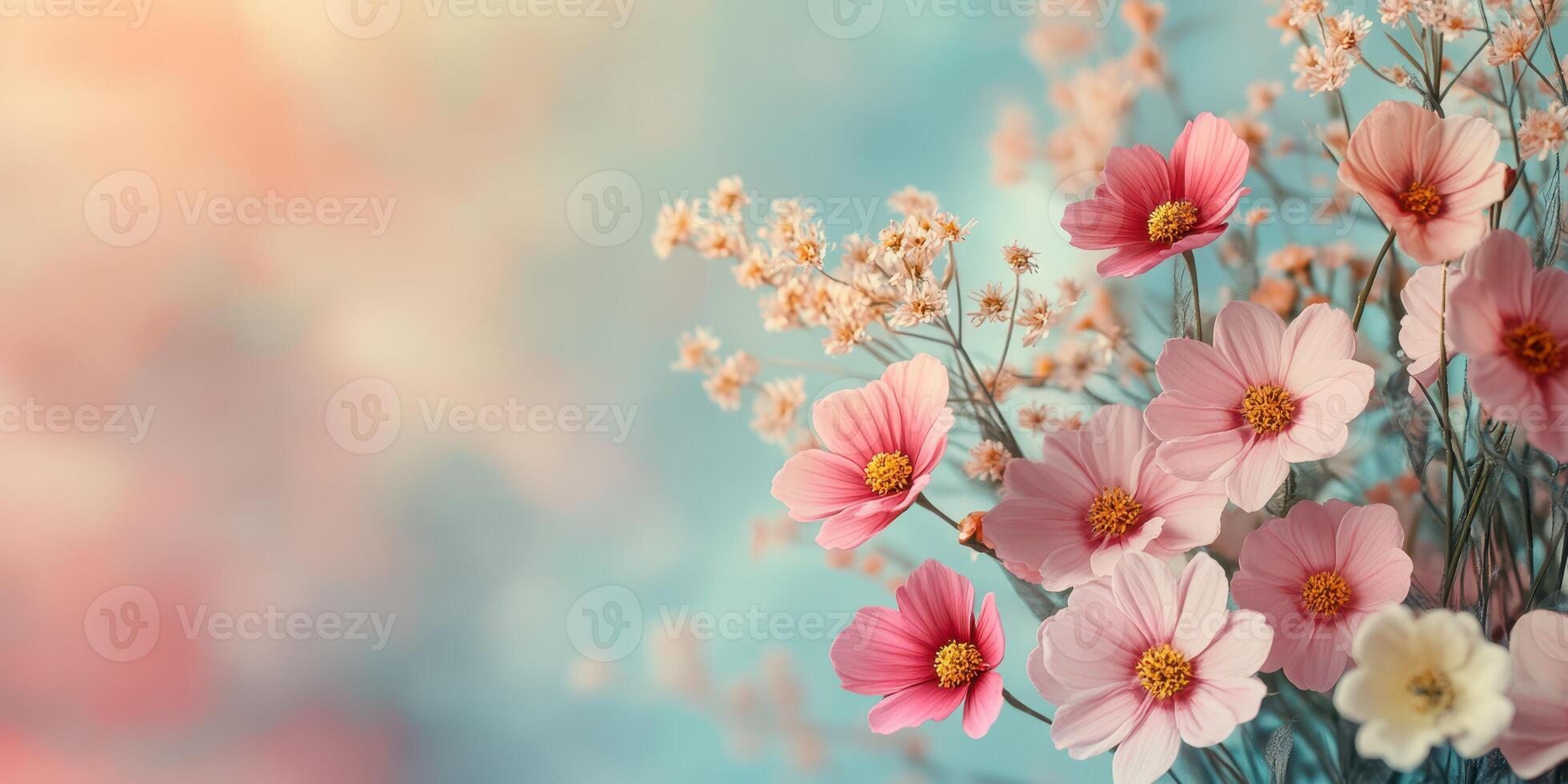 Vibrant bouquet of pink flowers and delicate blossoms against a soft pastel background photo