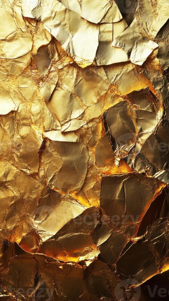 Textured golden foil capturing light and shadows in a vibrant display of color and depth photo