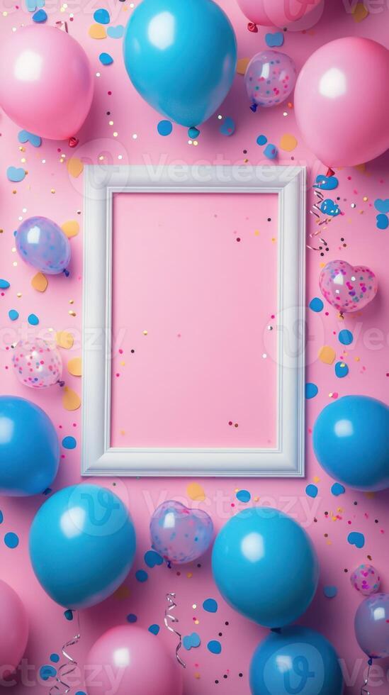 Festive birthday celebration setup with colorful balloons and a blank frame on a pink background photo