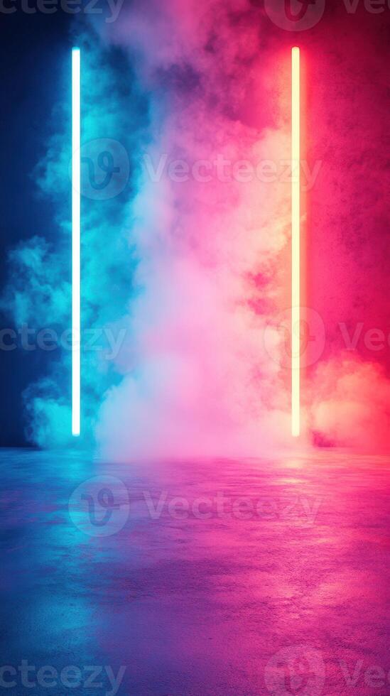 Vibrant neon lights illuminate a misty space for a captivating ambiance and modern aesthetics photo