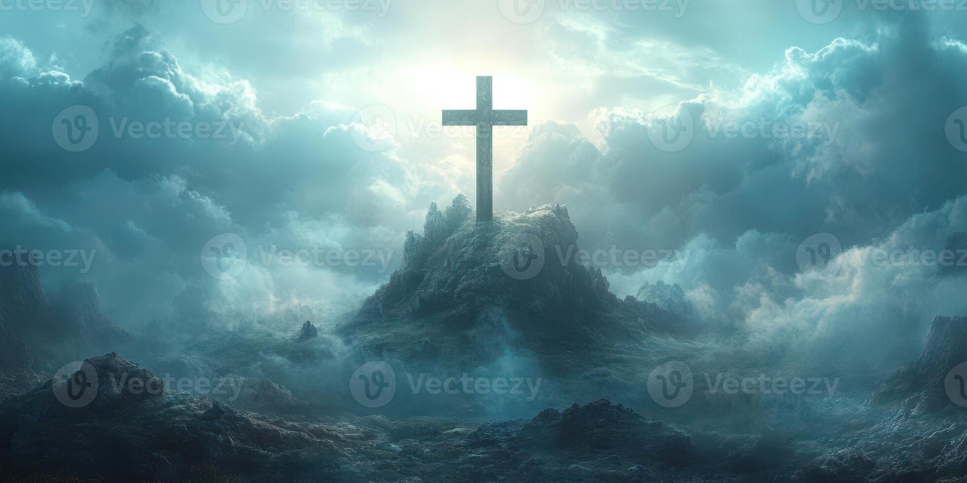 Cross stands majestically atop a rocky hill surrounded by clouds and ethereal light at dawn photo