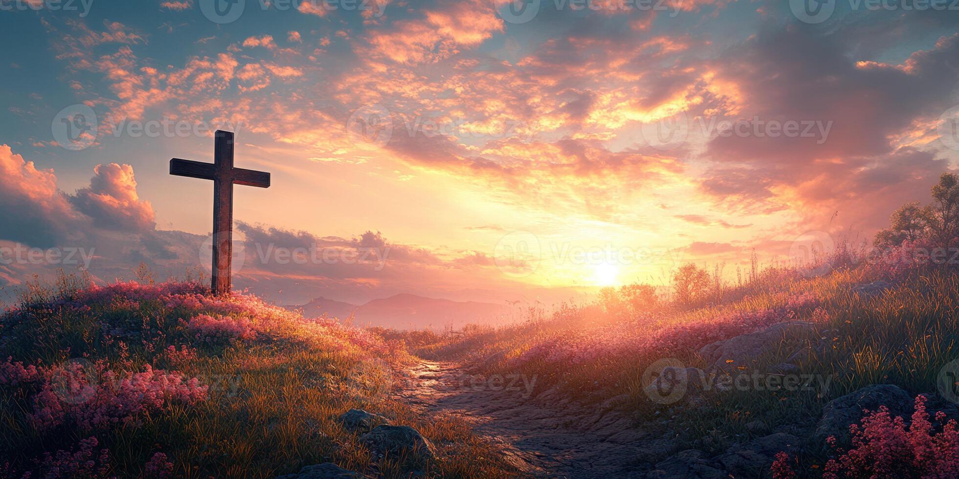 Sunset over a serene landscape with a cross on a hillside and colorful flowers in bloom photo