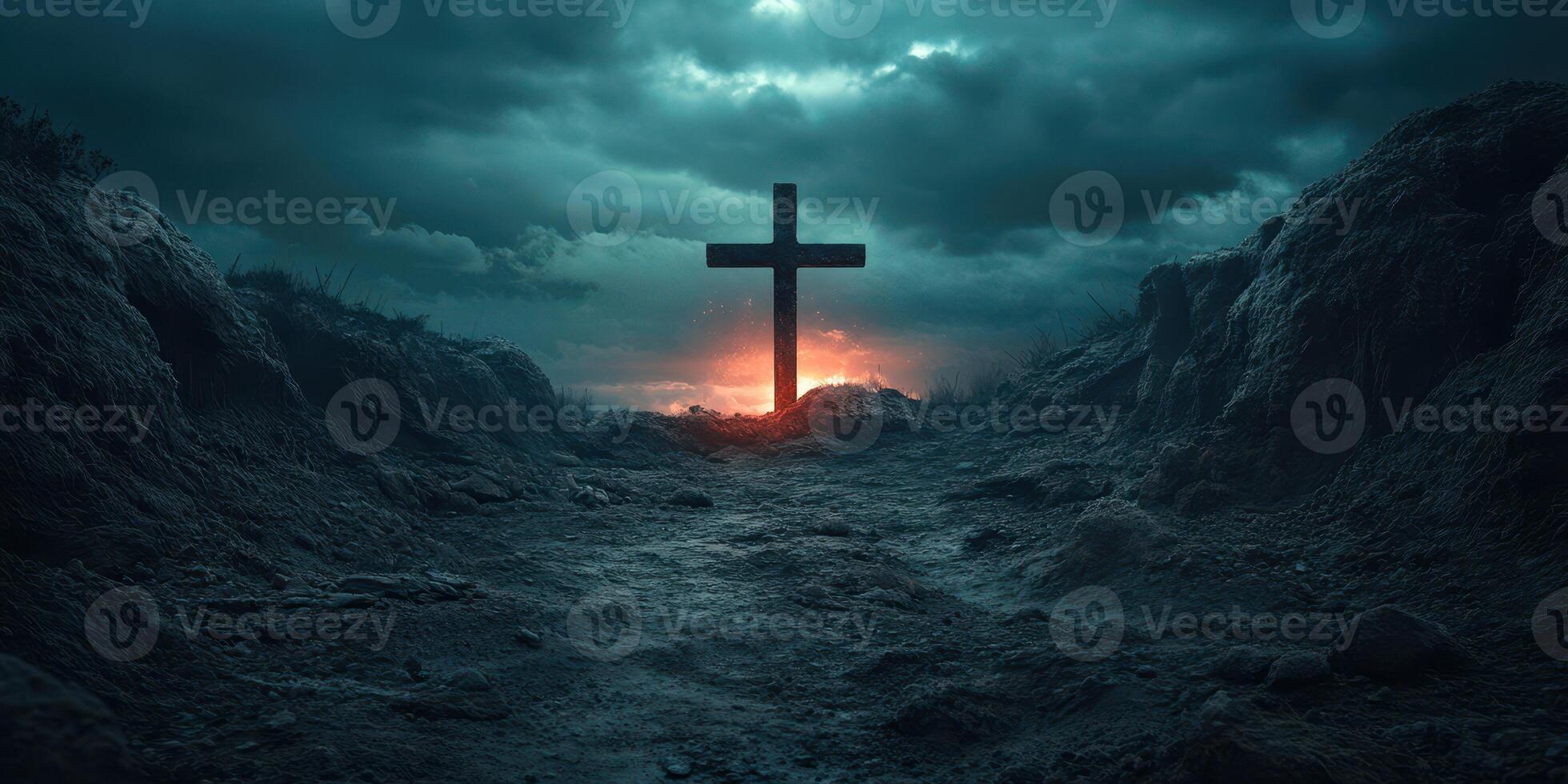 Dark landscape with cross symbolizing hope against stormy sky at twilight photo