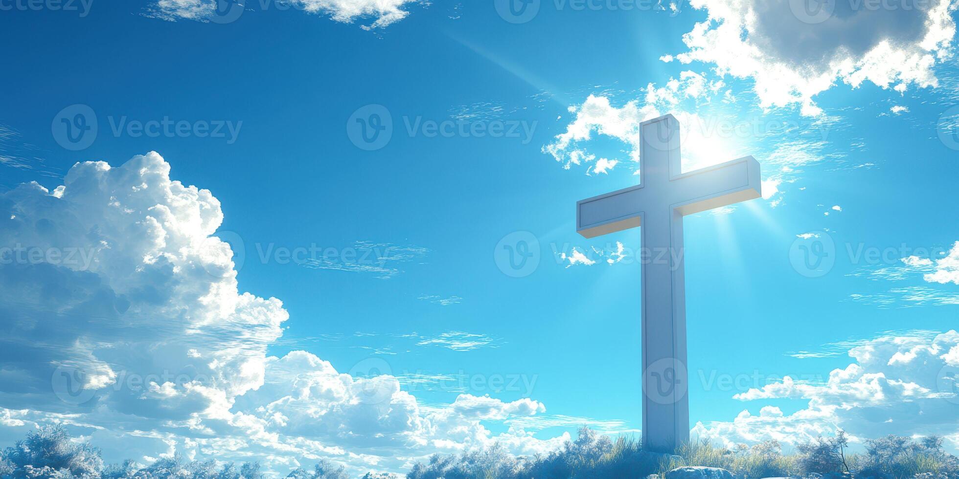 Tall cross stands against a bright blue sky with fluffy clouds in a peaceful landscape during daylight hours photo
