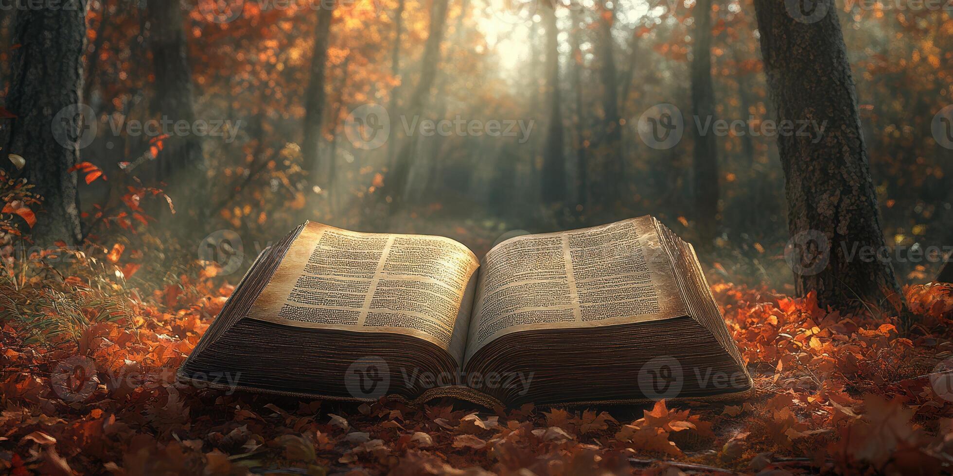 Open book resting on fallen autumn leaves in a serene forest during golden hour light photo