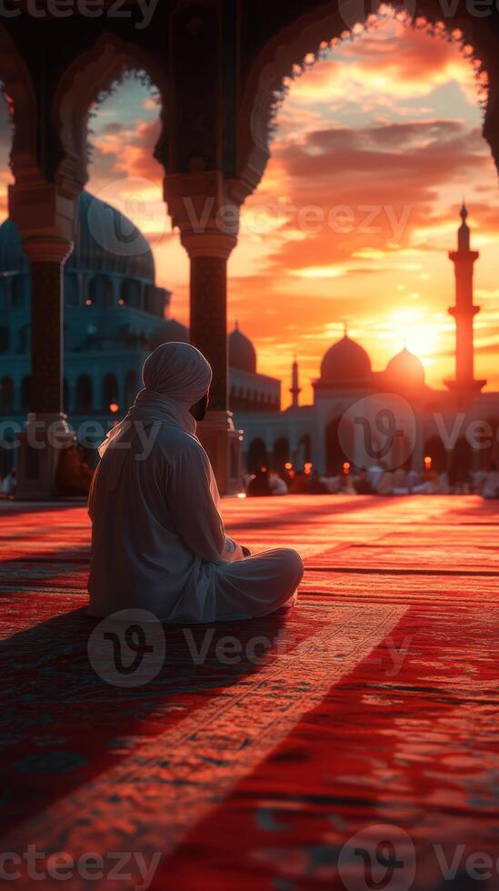 Spiritual reflection at sunset near a mosque with intricate architecture and vibrant sky hues photo