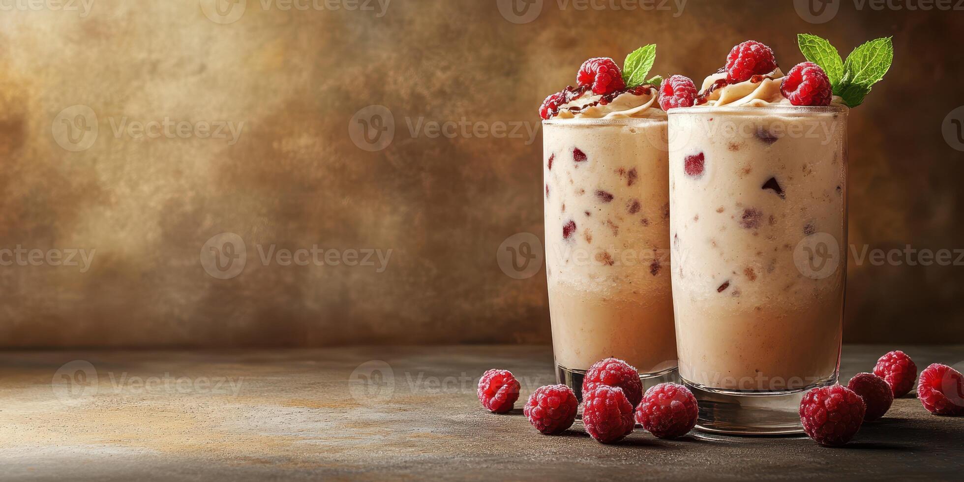 Delicious raspberry milkshake served in tall glasses with whipped cream and mint leaves on a textured background photo