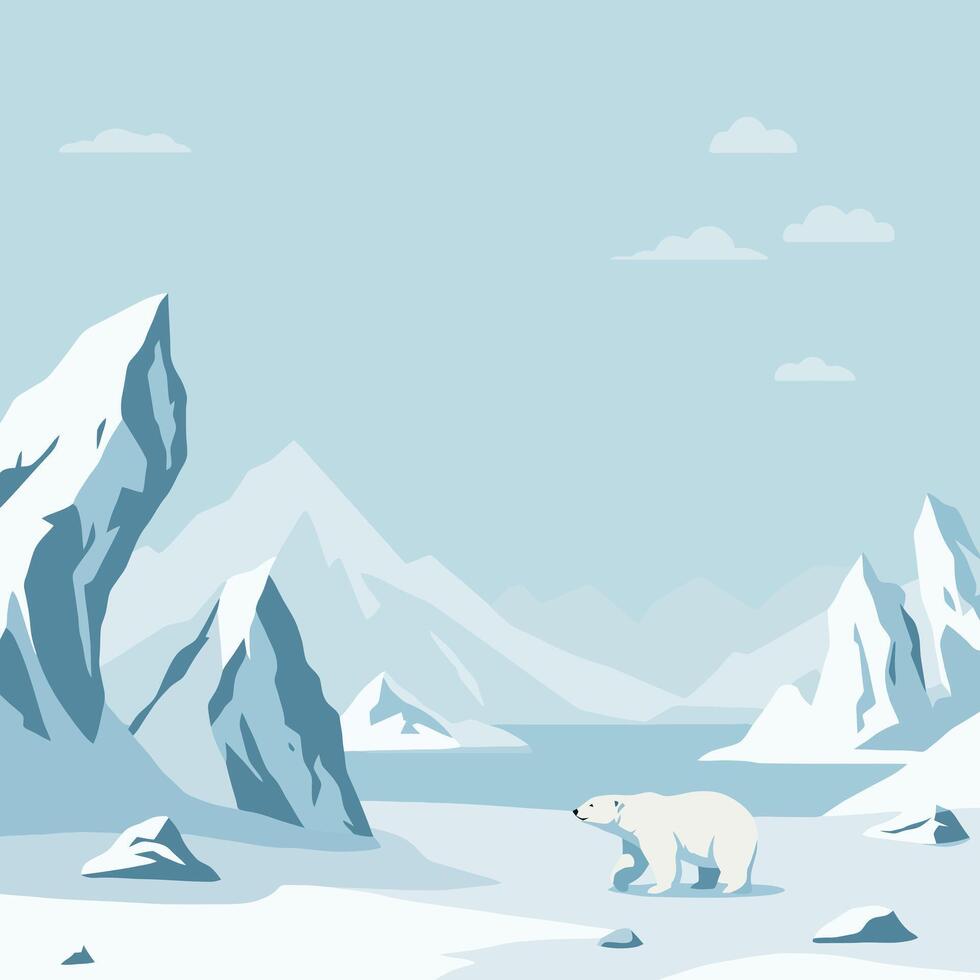 Polar Bear Walking Through Frozen Landscape with Icebergs and Mountains vector