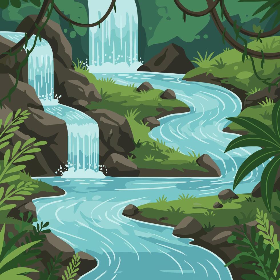Waterfall Flows Through Lush Green Jungle Landscape Illustration vector