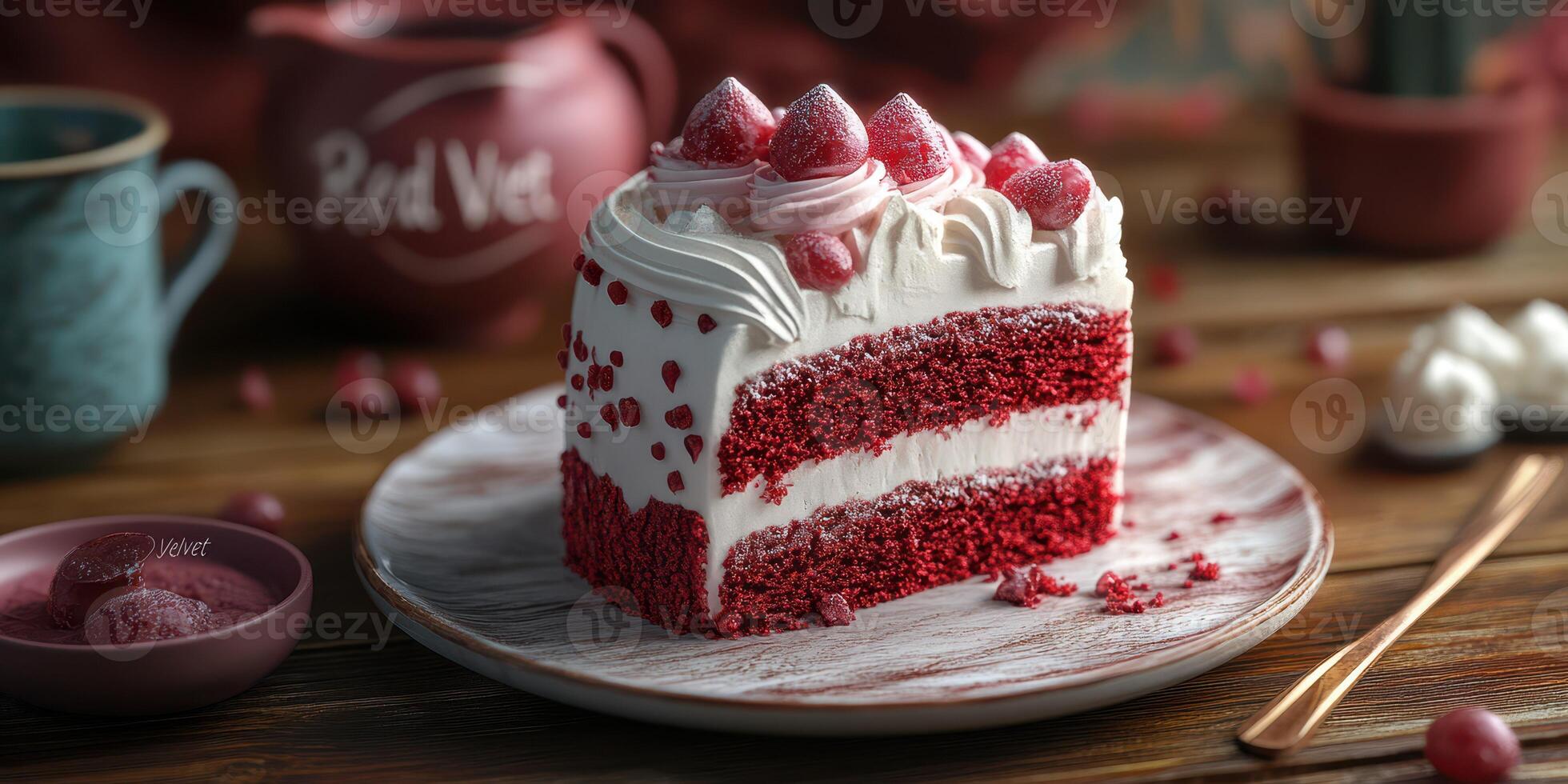 Delightful red velvet cake topped with cream and strawberries served on a rustic wooden table photo