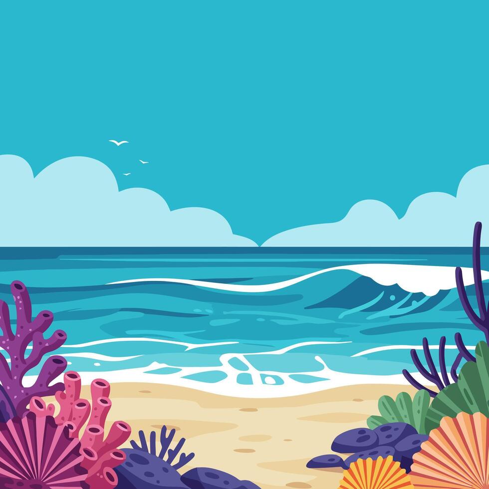 Ocean Wave Rolling Onto Sandy Beach with Coral and Cloudy Sky vector