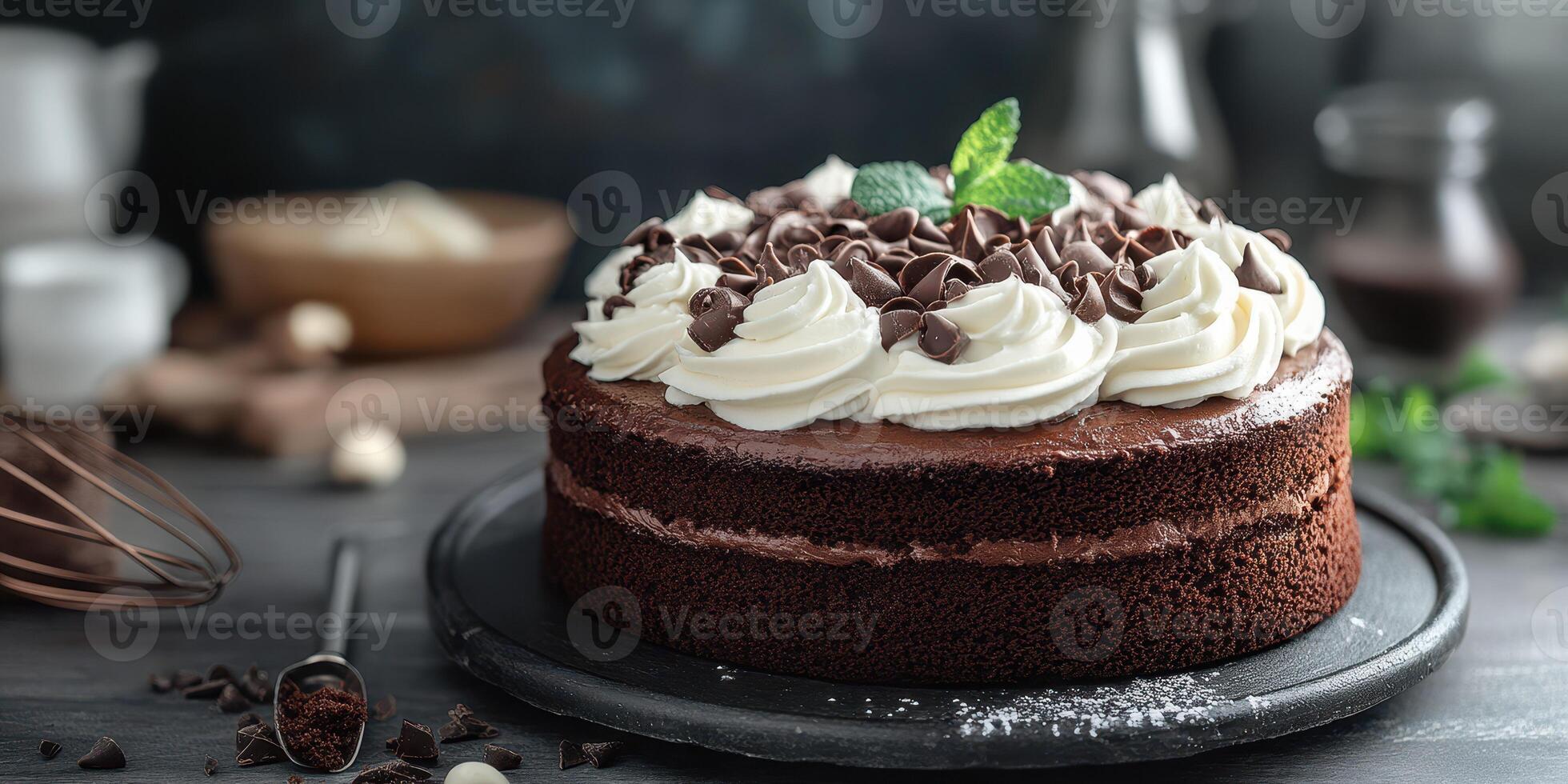Delicious chocolate cake with cream topping and chocolate chips on a rustic kitchen countertop photo