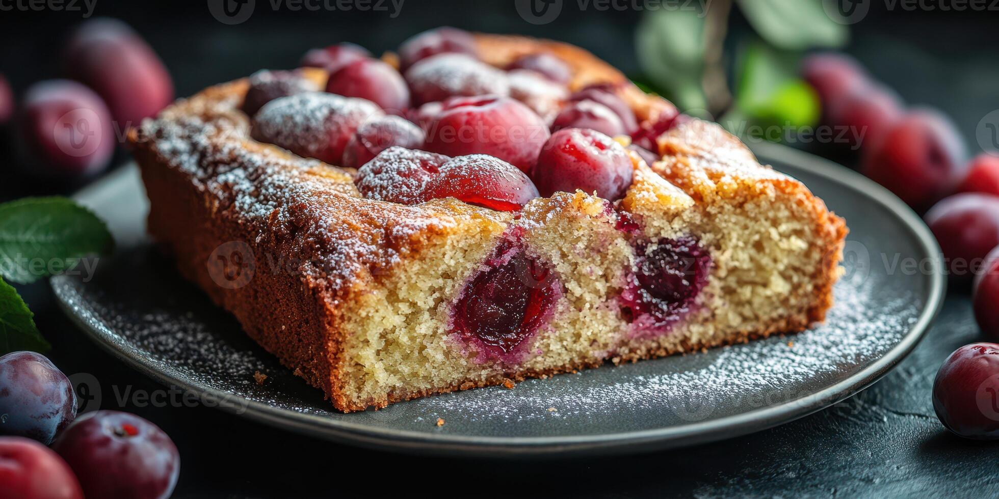 Delicious homemade plum cake served on a dark plate with whole plums scattered around on a wooden table photo