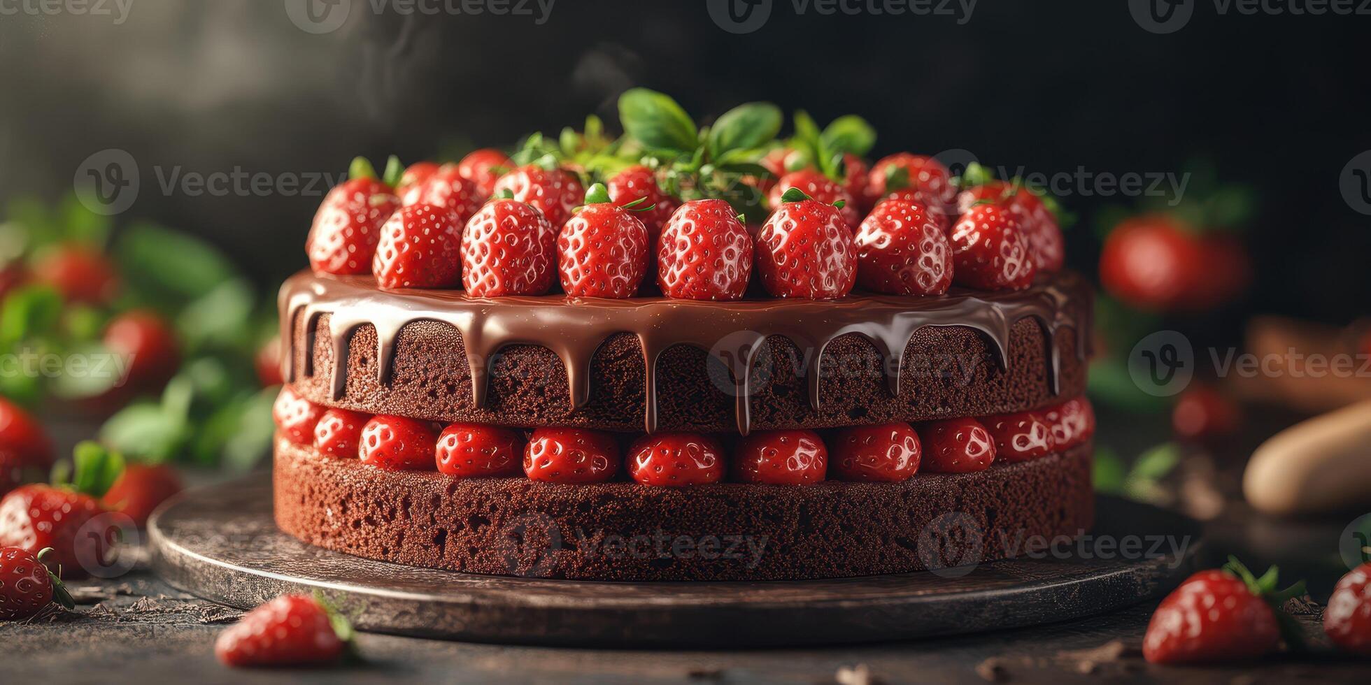 Delicious chocolate cake topped with fresh strawberries and mint leaves on a dark wooden surface photo