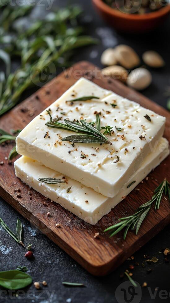 Freshly prepared blocks of herb-infused cheese on a wooden cutting board with spices and rosemary photo