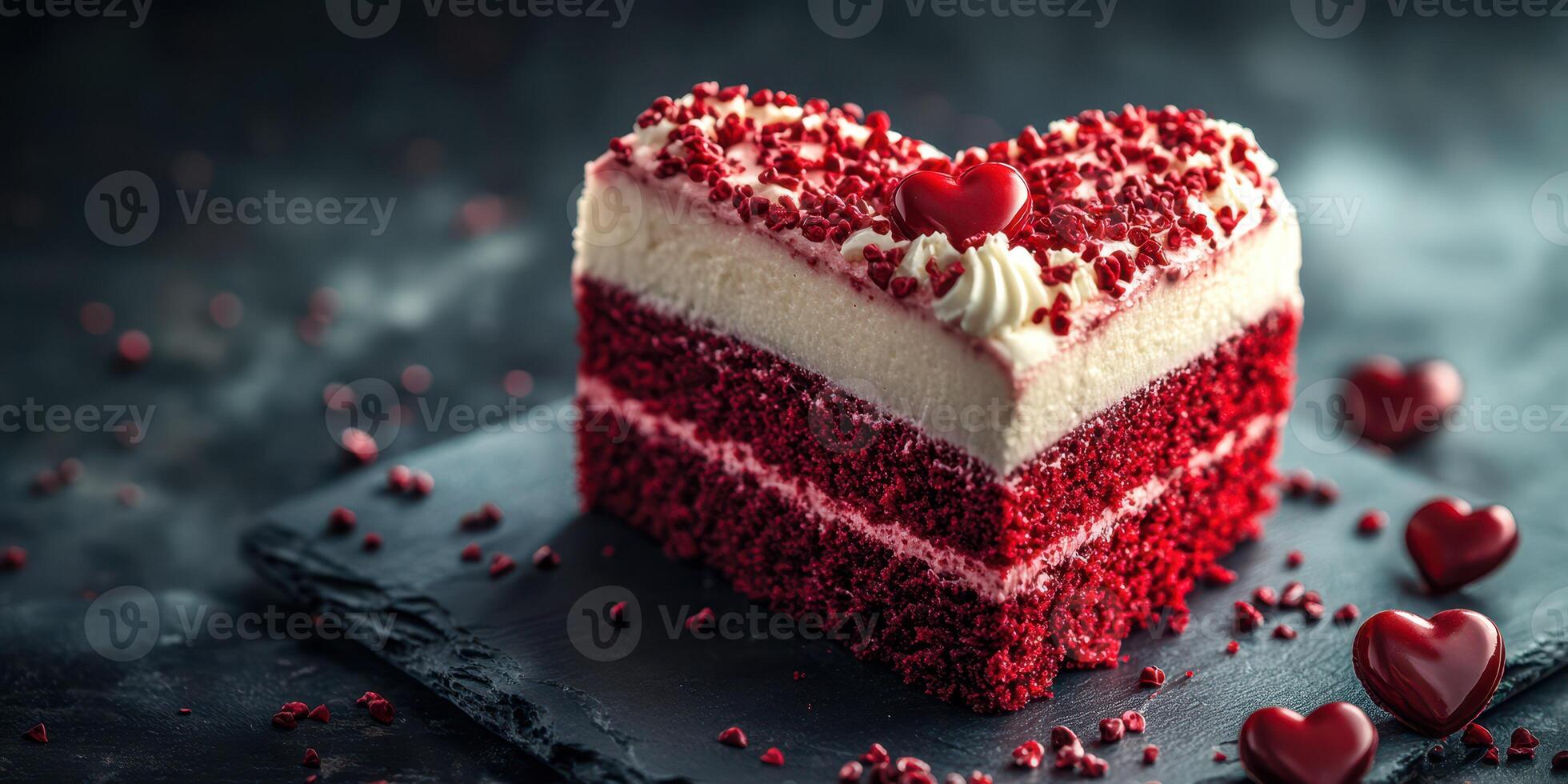 Heart-shaped red velvet cake decorated with fondant hearts on a slate serving plate photo