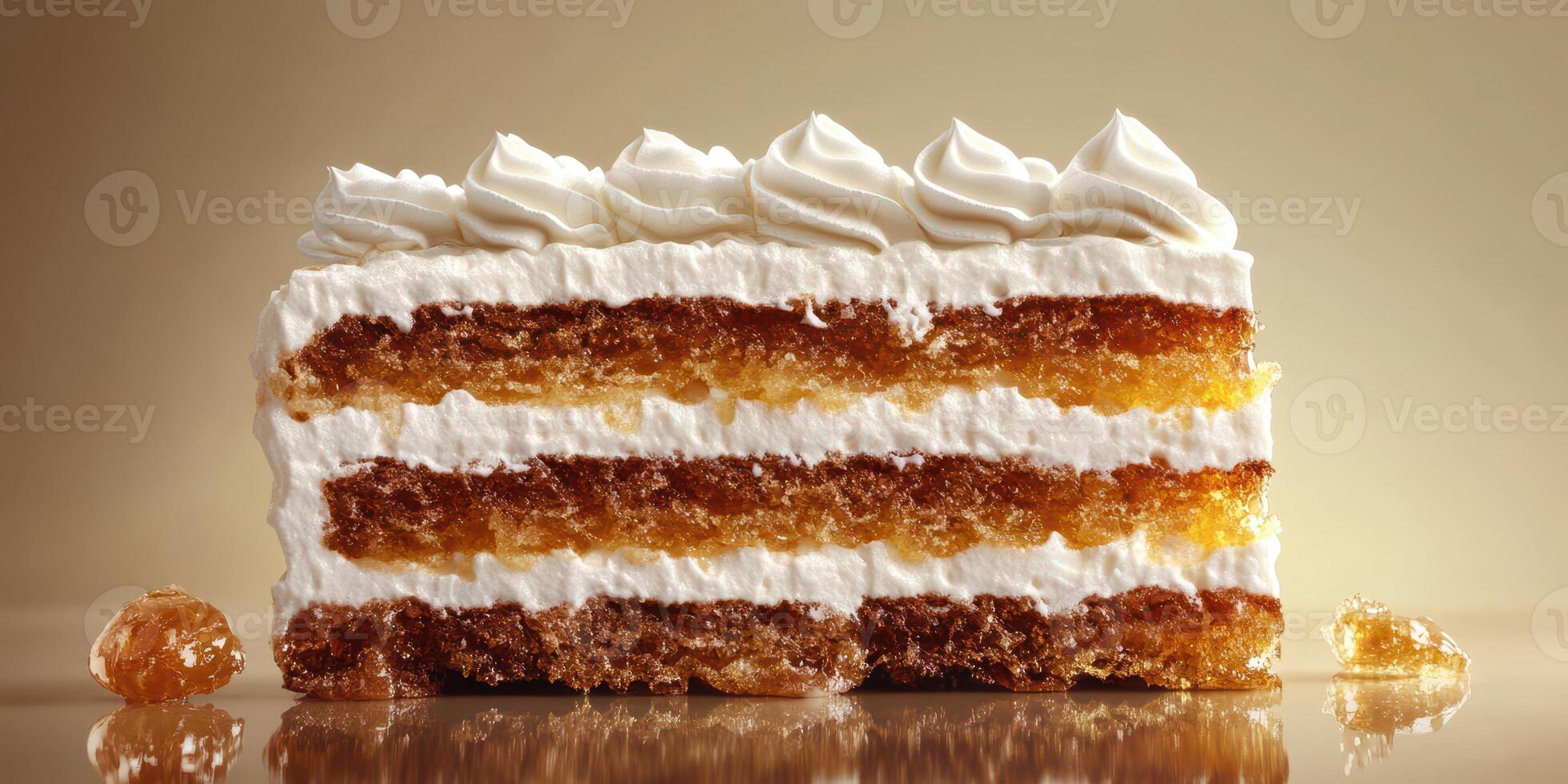 Layered dessert with cream and jelly showcasing intricate textures in a soft-lit background photo
