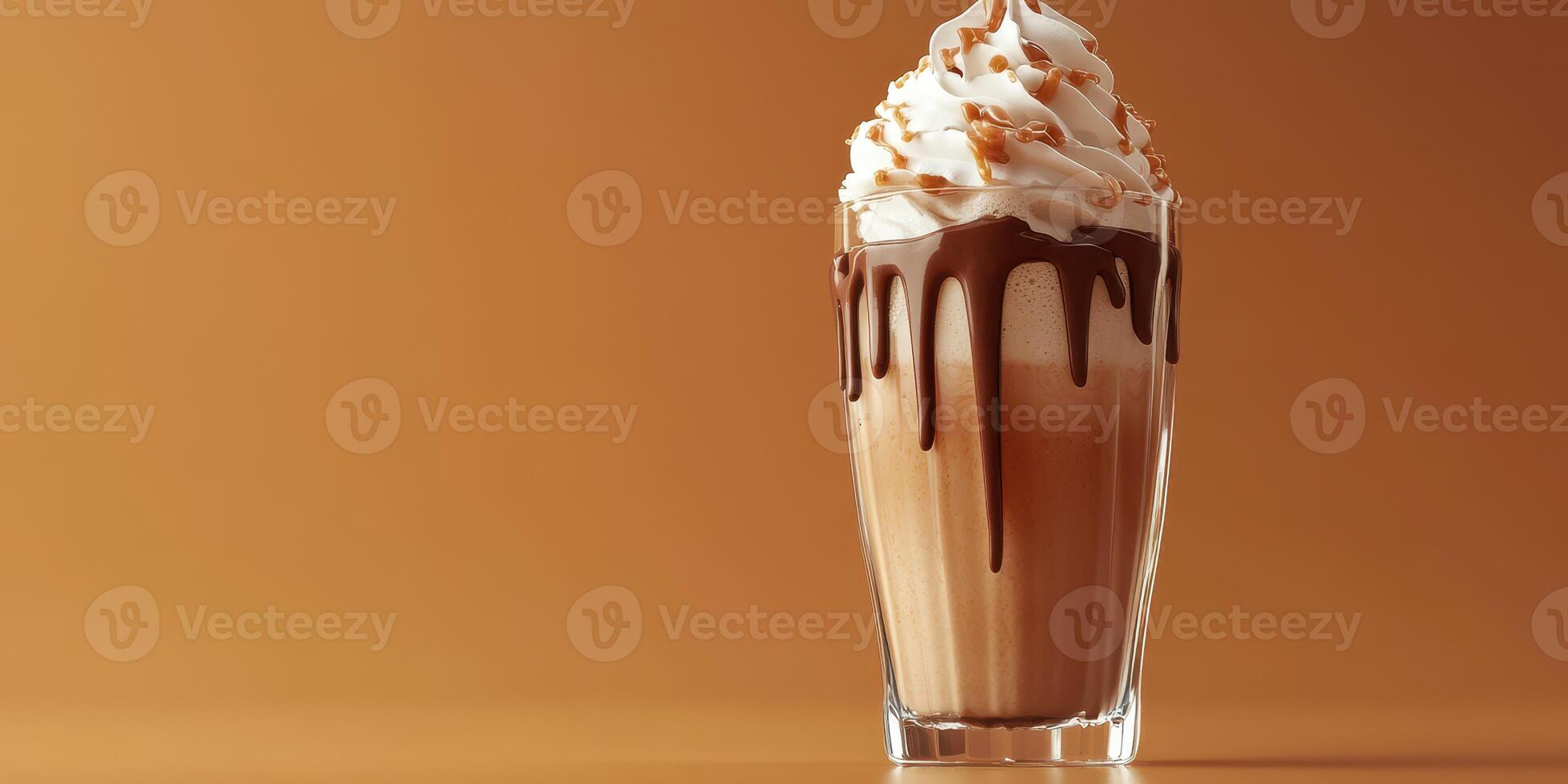 Indulgent dessert drink served in a glass with chocolate syrup and whipped cream against a warm background photo