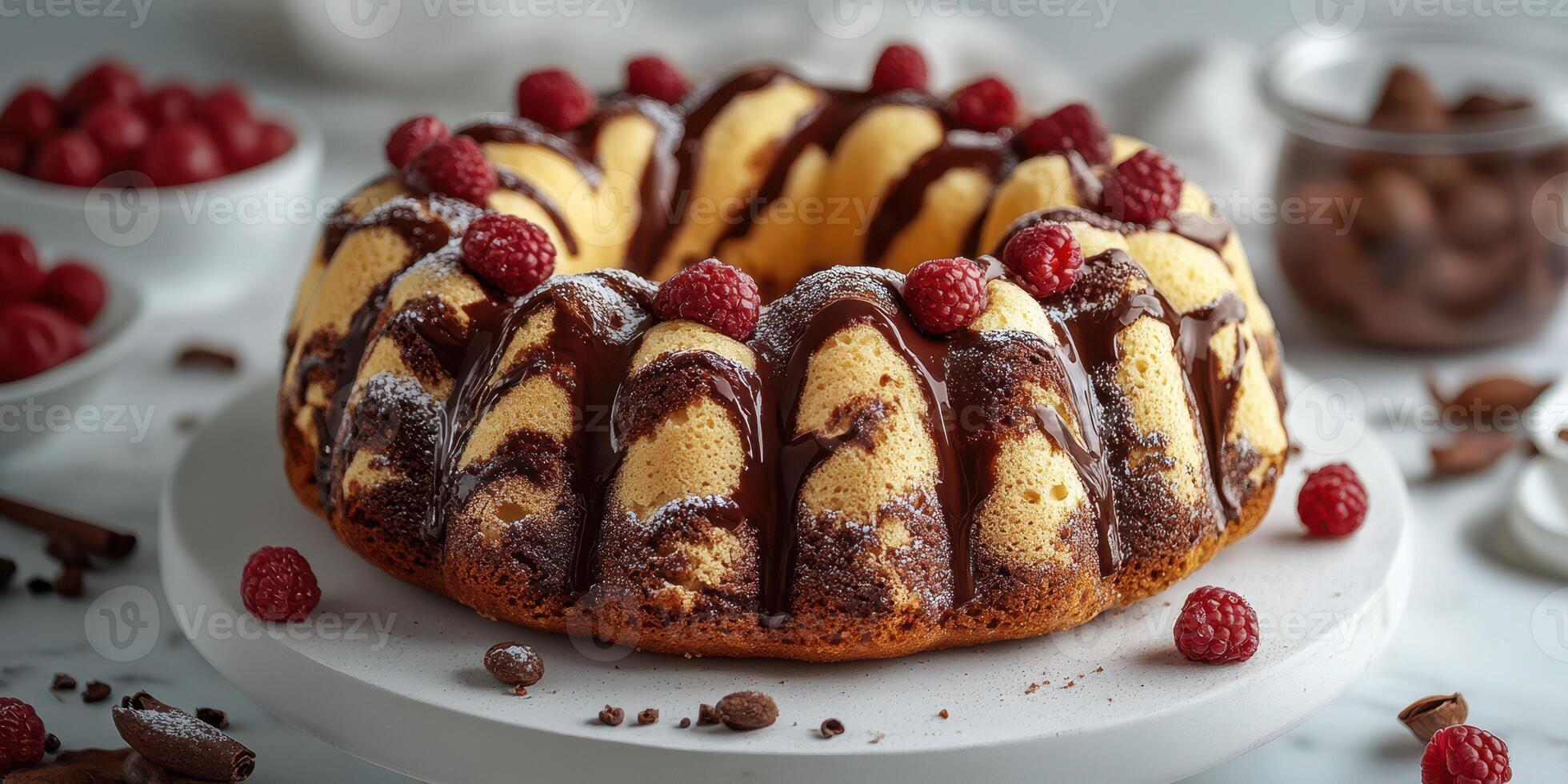 Delicious chocolate raspberry bundt cake served on a white platter with fresh raspberries on a light background photo