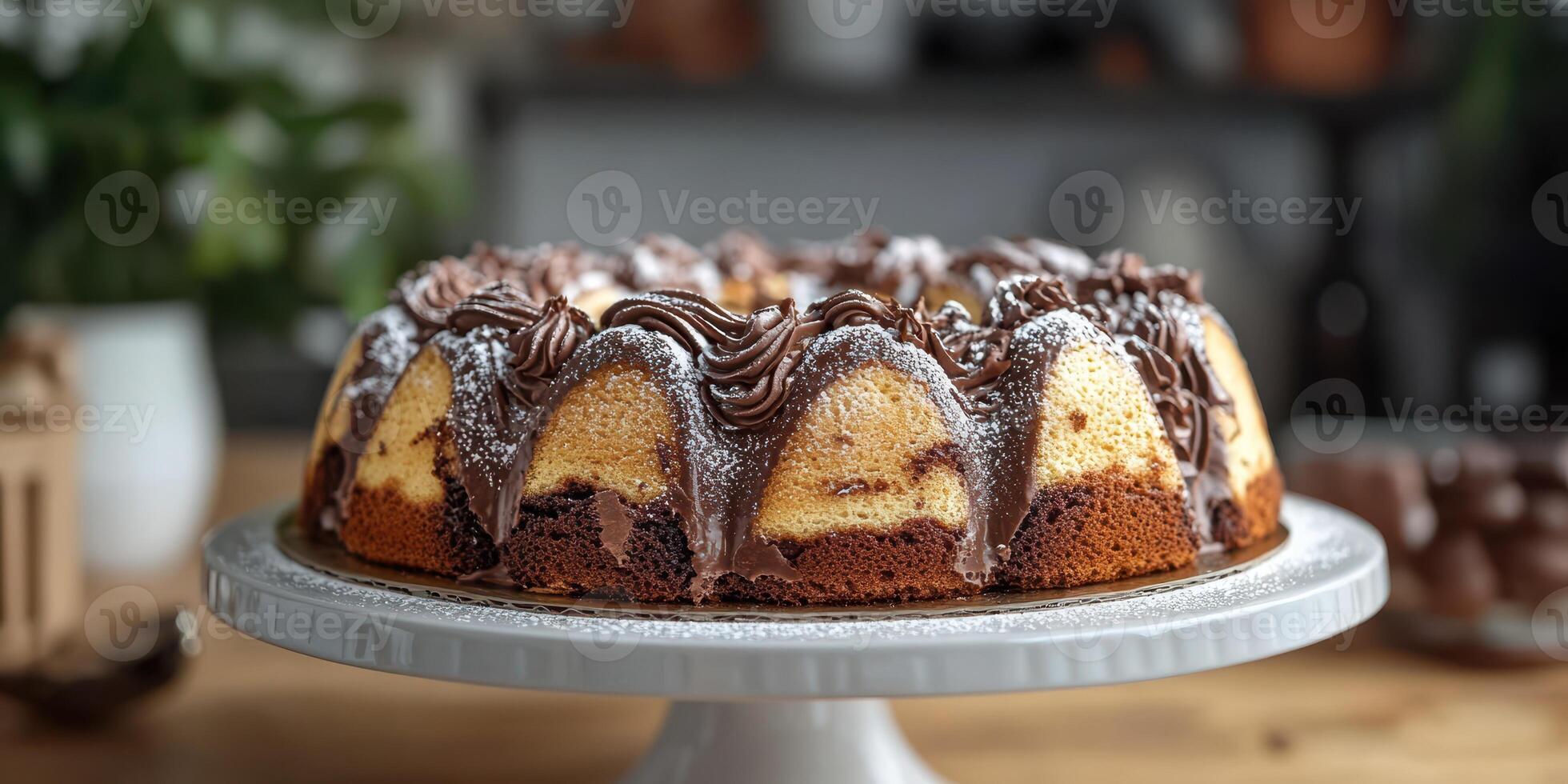 Delicious bundt cake decorated with chocolate frosting on a white cake stand in a cozy kitchen setting photo