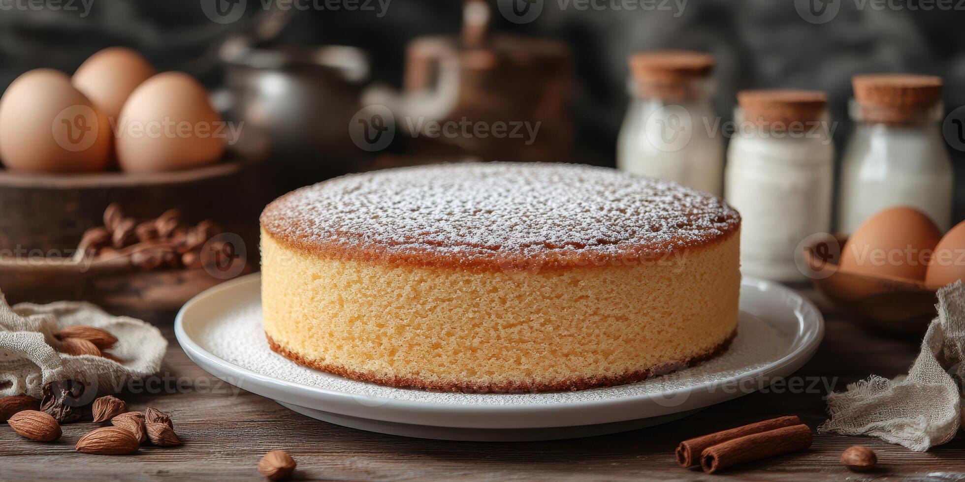 Delicious homemade cake displayed on a rustic table with eggs and spices on a sunny afternoon photo