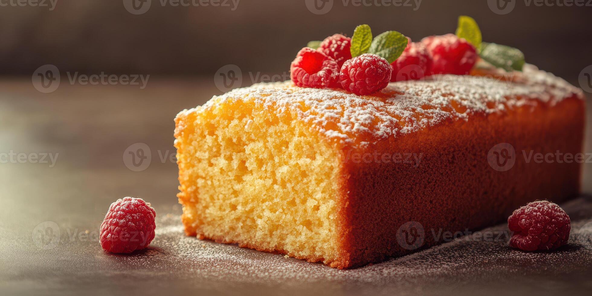 Delicious raspberry cake with powdered sugar and mint leaves on a wooden surface in a cozy kitchen setting photo